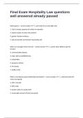 Final Exam Hospitality Law questions well answered already passed