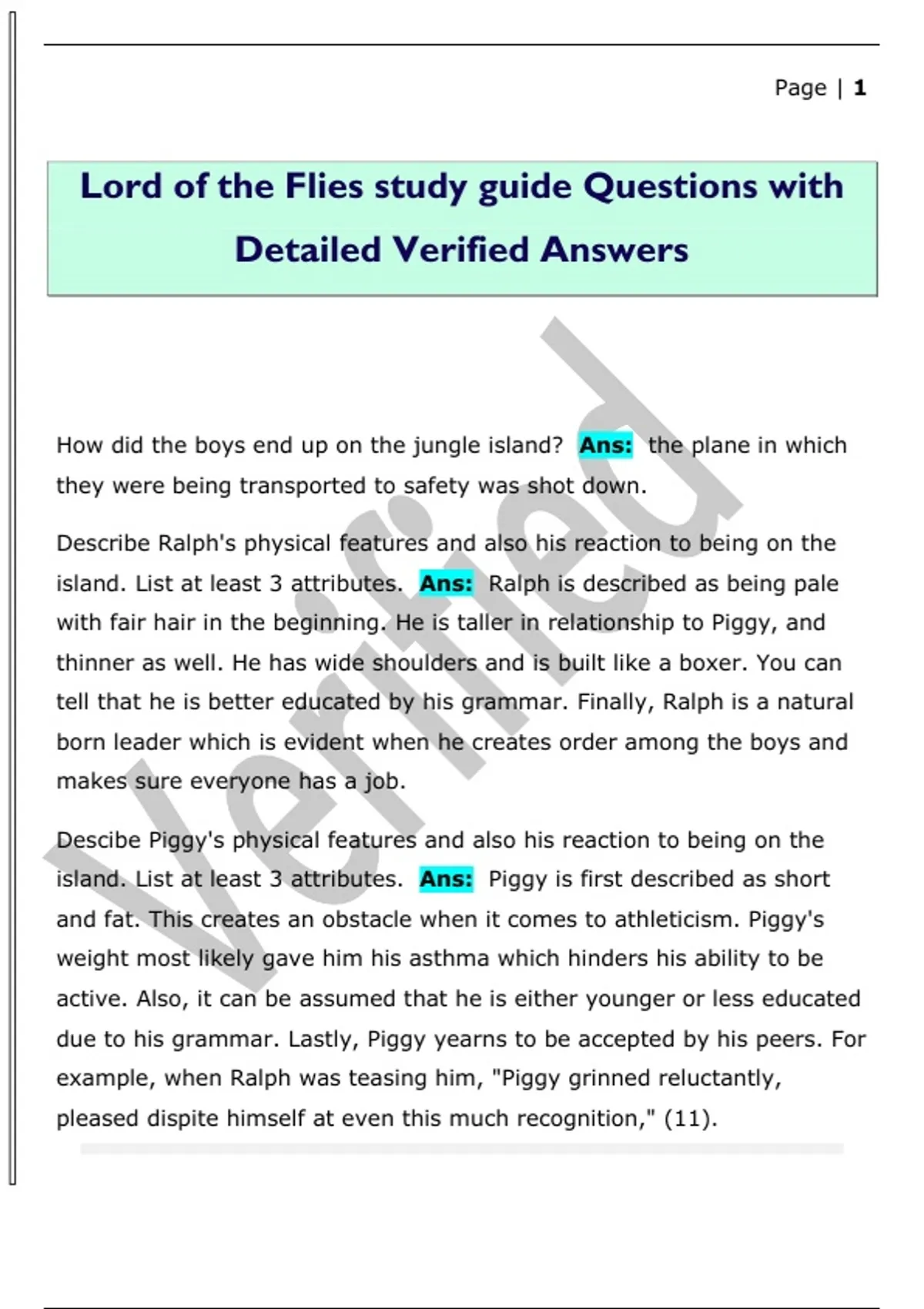 Lord of the Flies study guide Questions with Detailed Verified Answers - Lord of the Flies ...