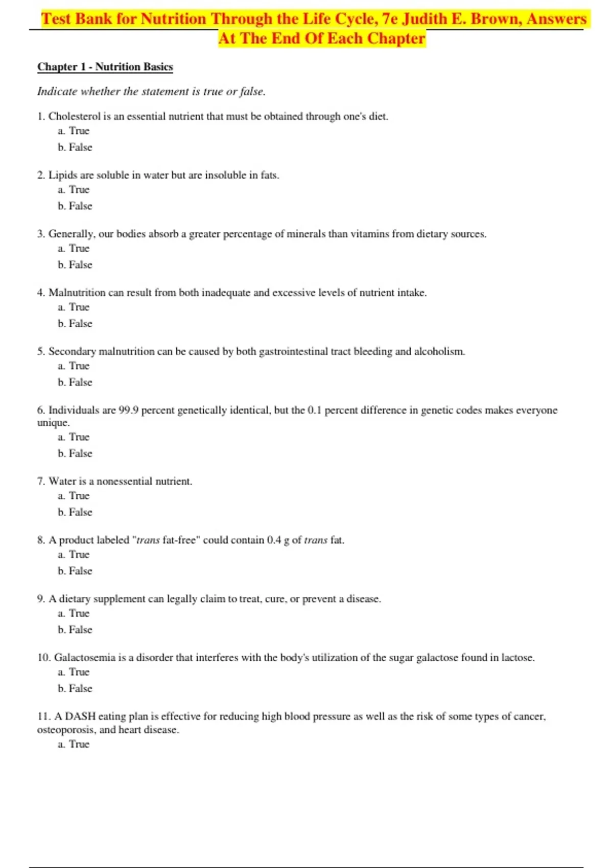 Complete Test Bank for Nutrition Through the Life Cycle 7th Edition by ...