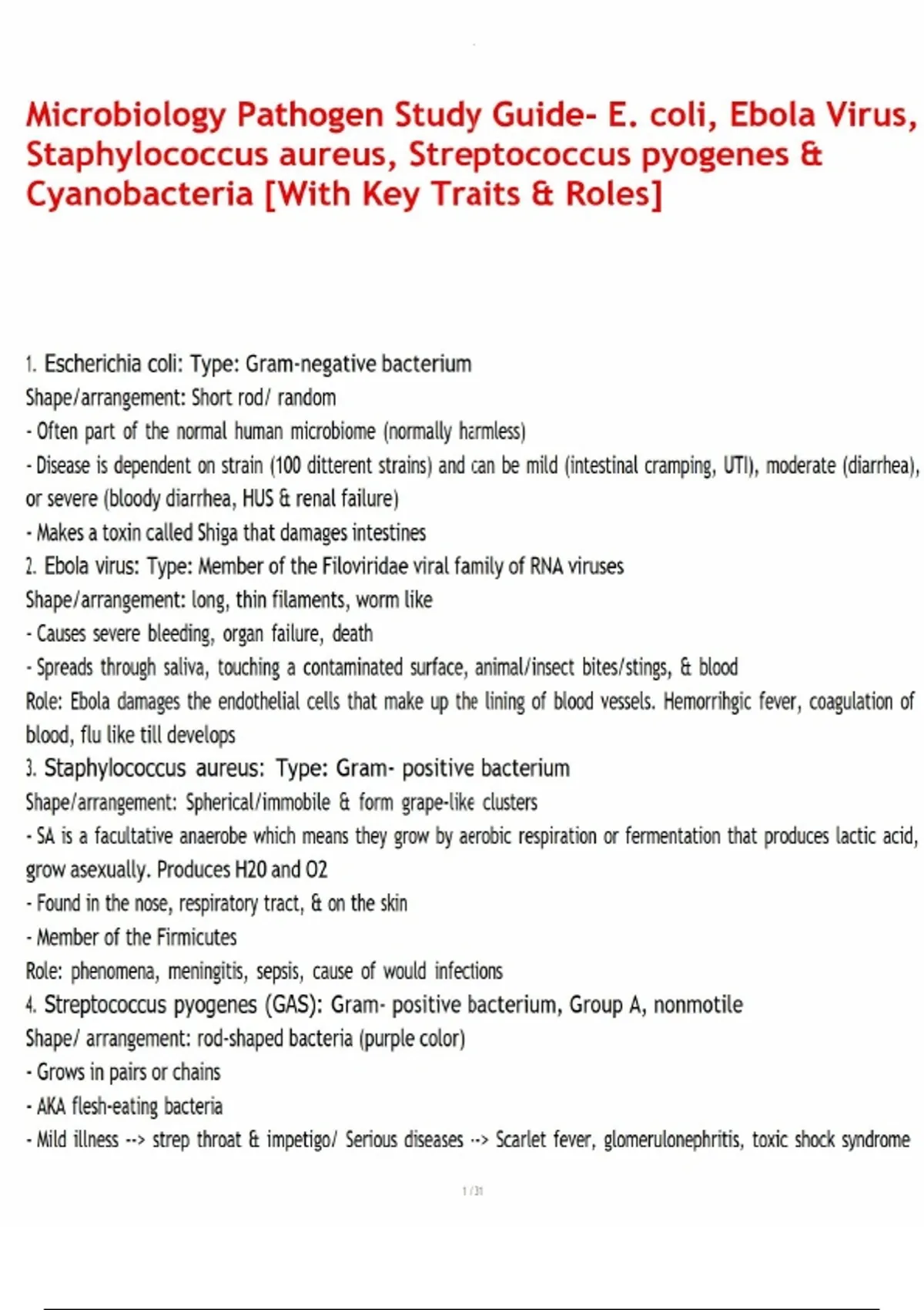 Microbiology Pathogen Study Guide- E. coli, Ebola Virus, Staphylococcus ...