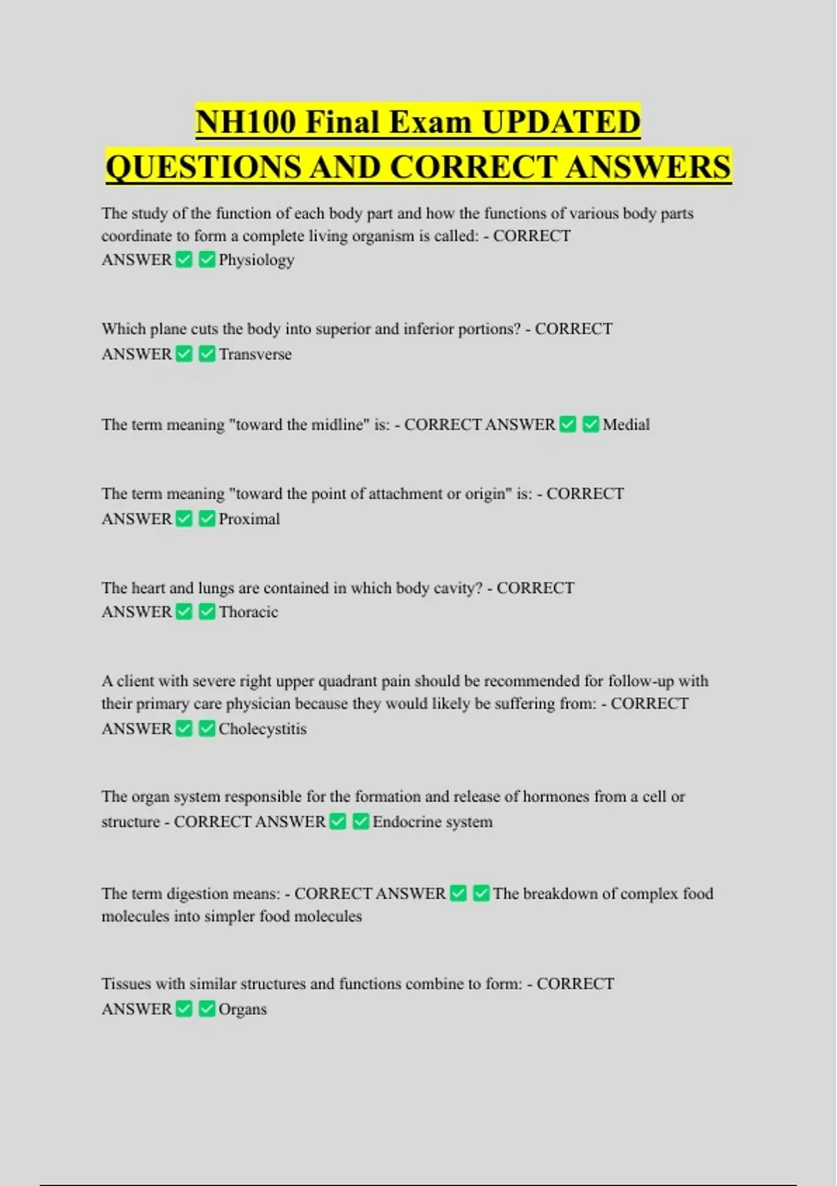 NH100 Final Exam UPDATED QUESTIONS AND CORRECT ANSWERS - NH100 - Stuvia US