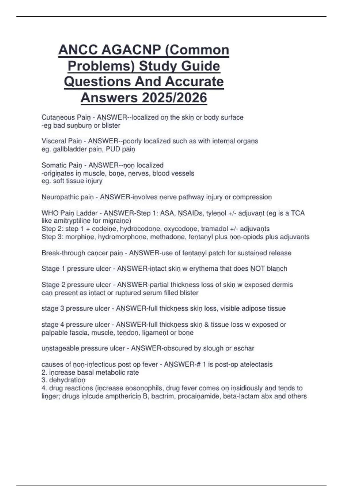 ANCC AGACNP (Common Problems) Study Guide Questions And Accurate ...