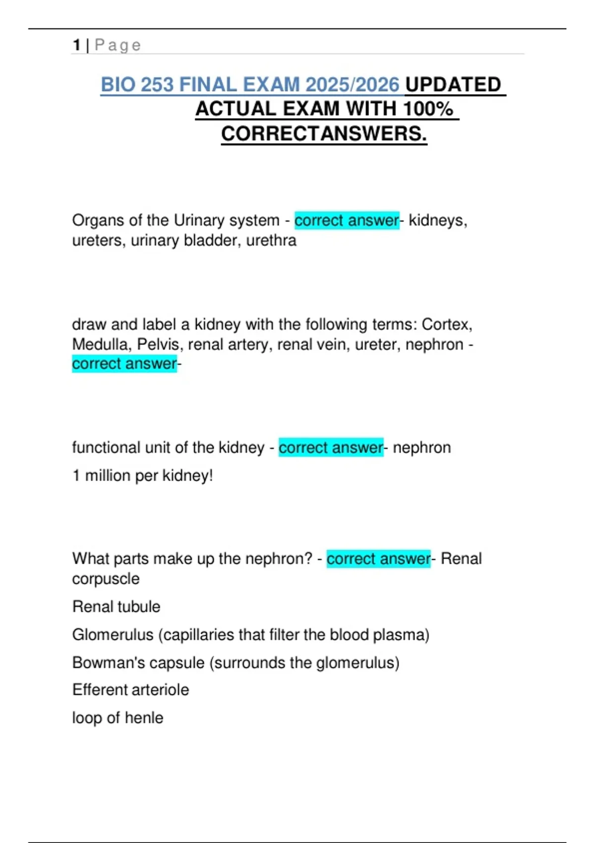 BIO 253 FINAL EXAM 2025/2026 UPDATED ACTUAL EXAM WITH 100% ...