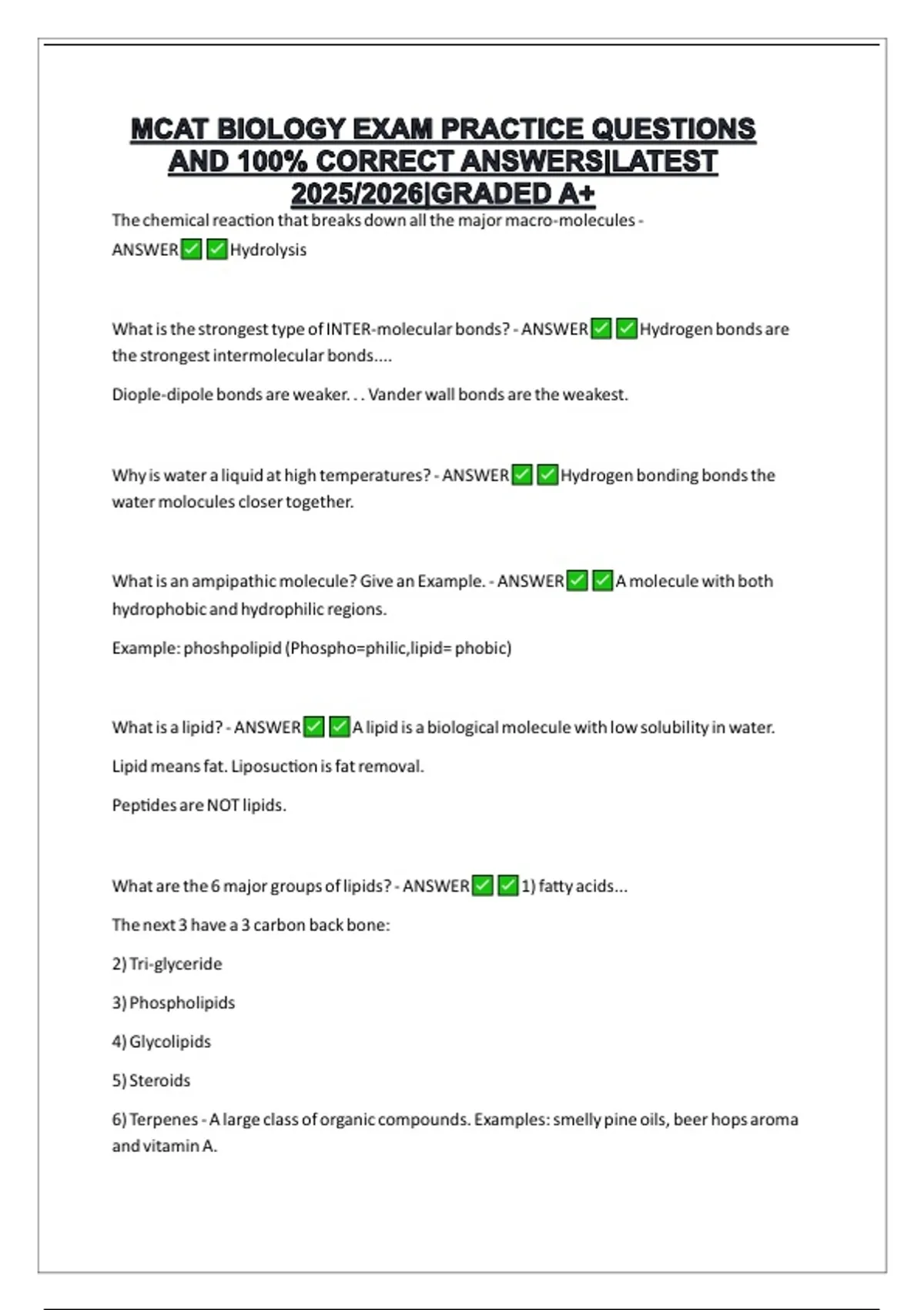 MCAT BIOLOGY EXAM PRACTICE QUESTIONS AND 100% CORRECT ANSWERS|LATEST 2025/2026|GRADED A+ - MCAT ...