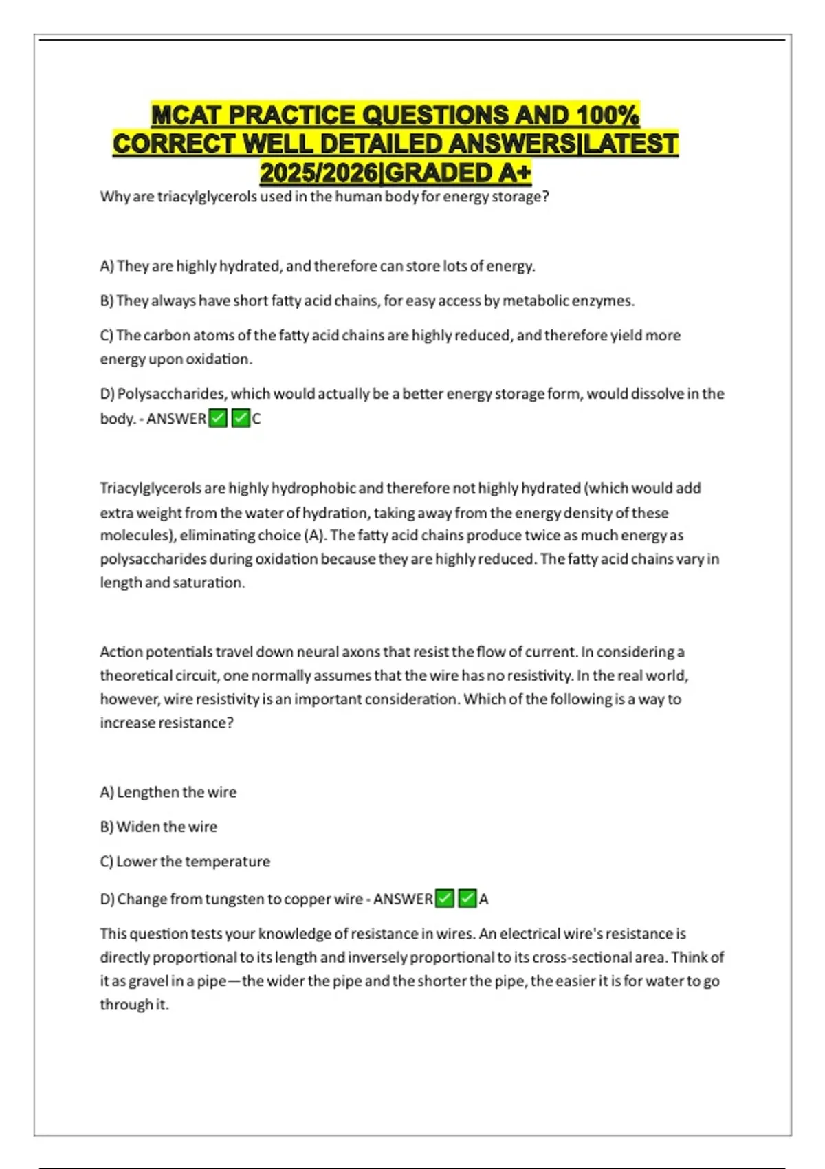 Mcat Math Sample Questions MCAT PRACTICE QUESTIONS AND 100% CORRECT WELL DETAILED ANSWERS|LATEST ...
