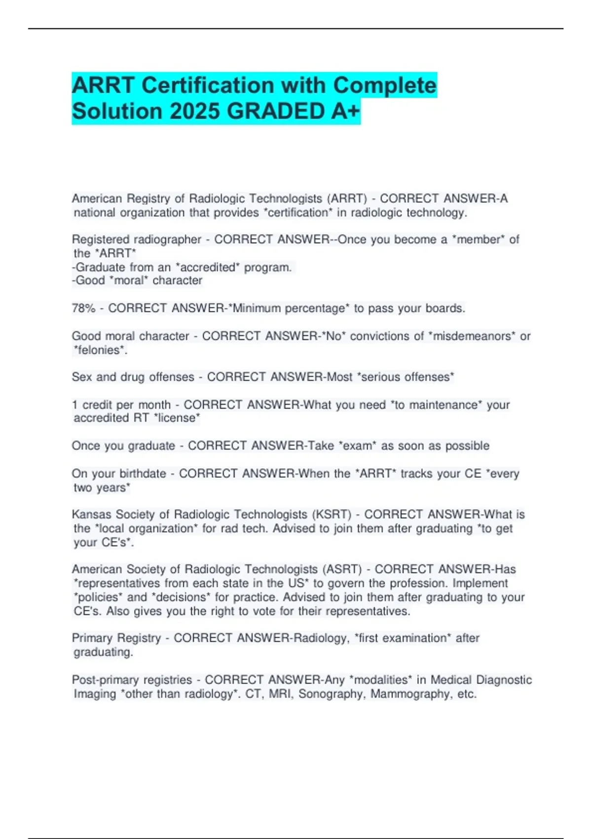 ARRT Certification with Complete Solution 2025 GRADED A+. - Arrt ...