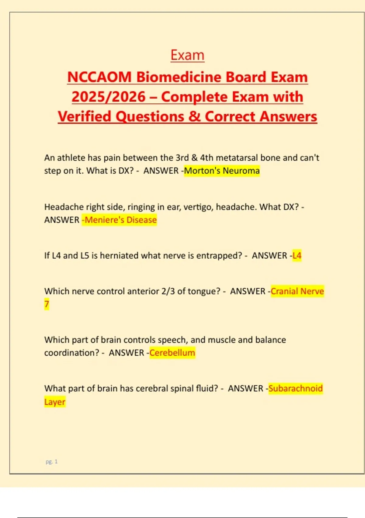 Exam NCCAOM Biomedicine Board Exam 2025/2026 – Complete Exam with ...