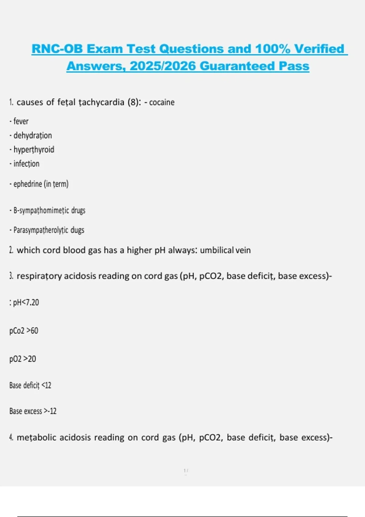 RNC-OB Exam – Test Questions and 100% Verified Answers (2025/2026 ...