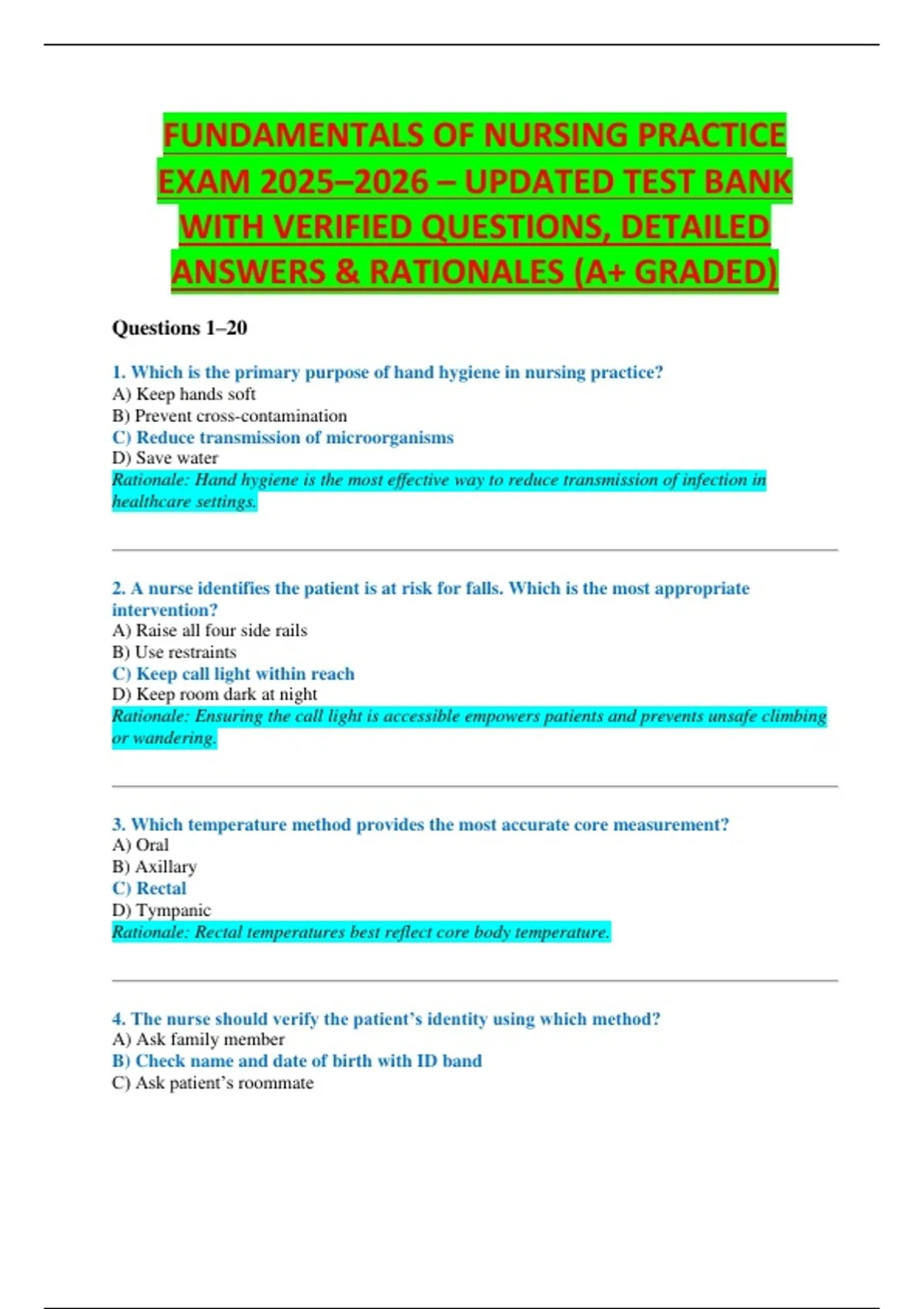 FUNDAMENTALS OF NURSING PRACTICE EXAM 2025–2026 – UPDATED TEST BANK ...