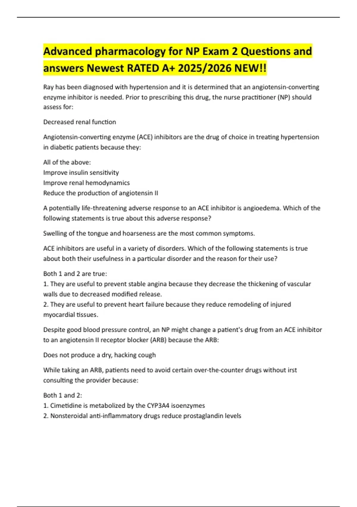 Advanced pharmacology for NP Exam 2 Questions and answers Newest RATED ...