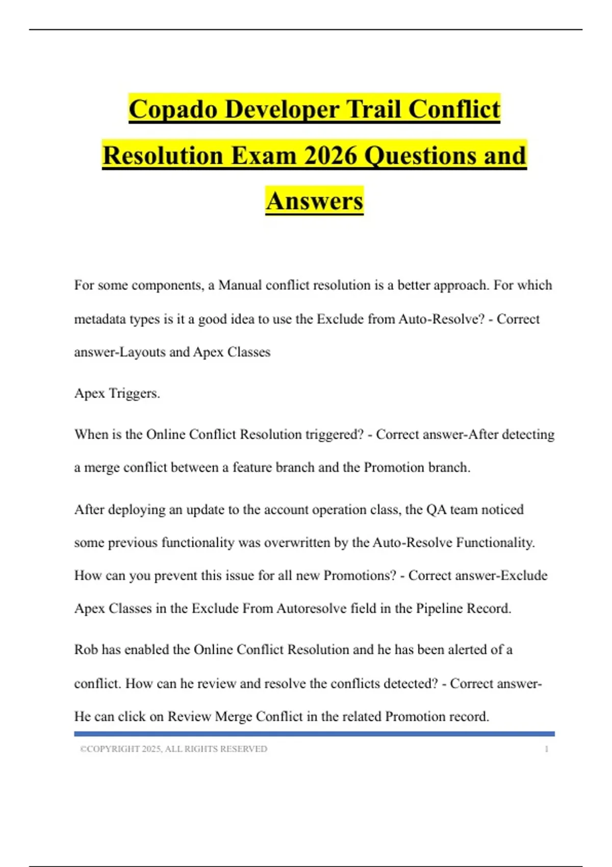 Copado Developer Trail Conflict Resolution Exam 2026 Questions and ...