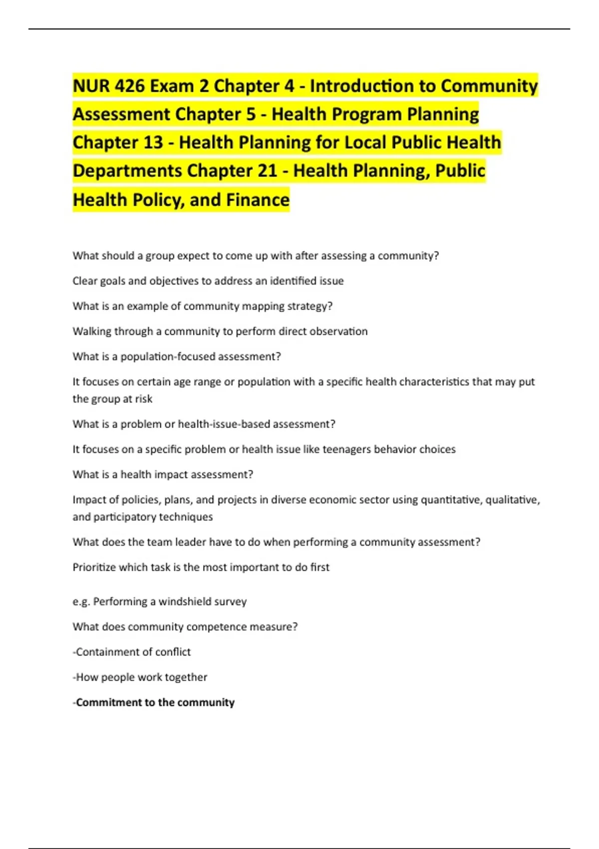 NUR 426 Exam 2 Chapter 4 - Introduction to Community Assessment Chapter ...