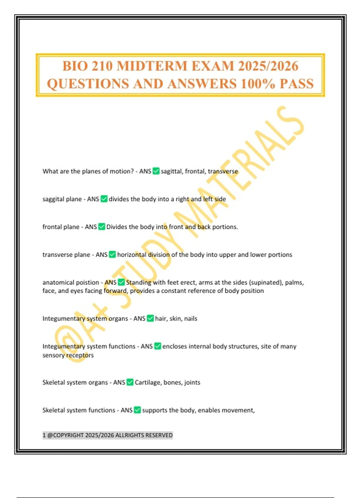 BIO 210 MIDTERM EXAM 2025/2026 QUESTIONS AND ANSWERS 100% PASS - BIO ...