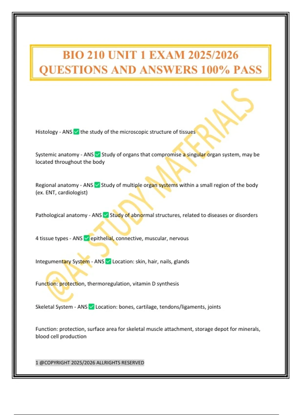 BIO 210 UNIT 1 EXAM 2025/2026 QUESTIONS AND ANSWERS 100% PASS - BIO 210 ...