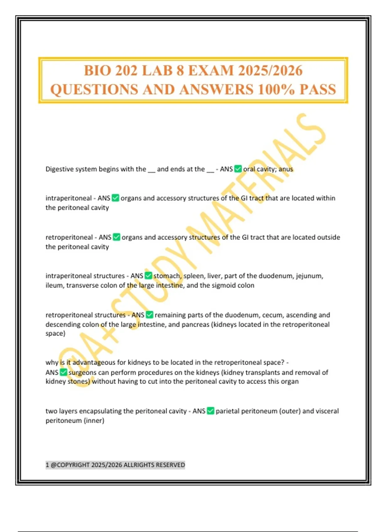 BIO 202 LAB 8 EXAM 2025/2026 QUESTIONS AND ANSWERS 100% PASS - BIO 202 ...