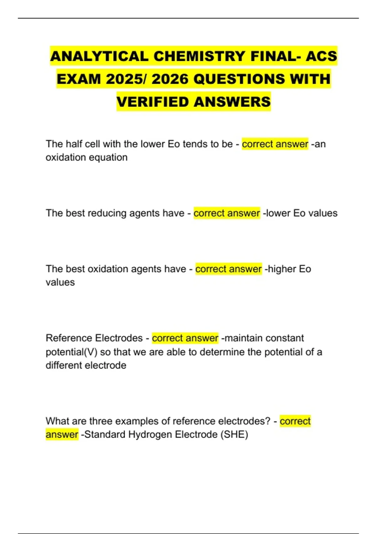 ANALYTICAL CHEMISTRY FINAL- ACS EXAM 2025/ 2026 QUESTIONS WITH VERIFIED ...