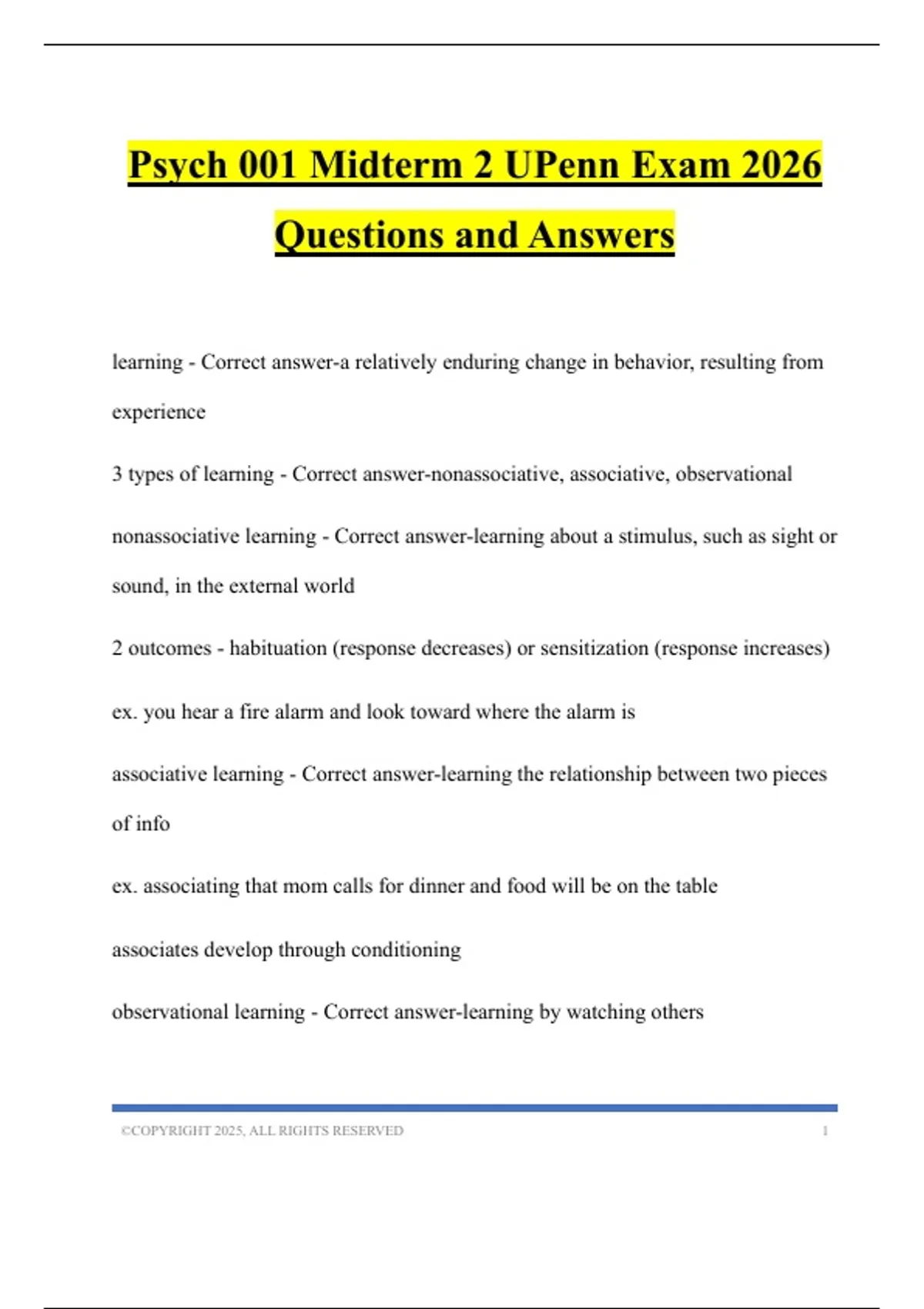 Psych 001 Midterm 2 UPenn Exam 2026 Questions and Answers - Soci 100 ...