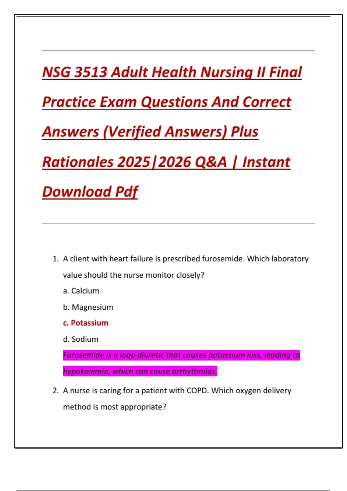 NSG 3513 Adult Health Nursing II Final Practice Exam Questions And ...