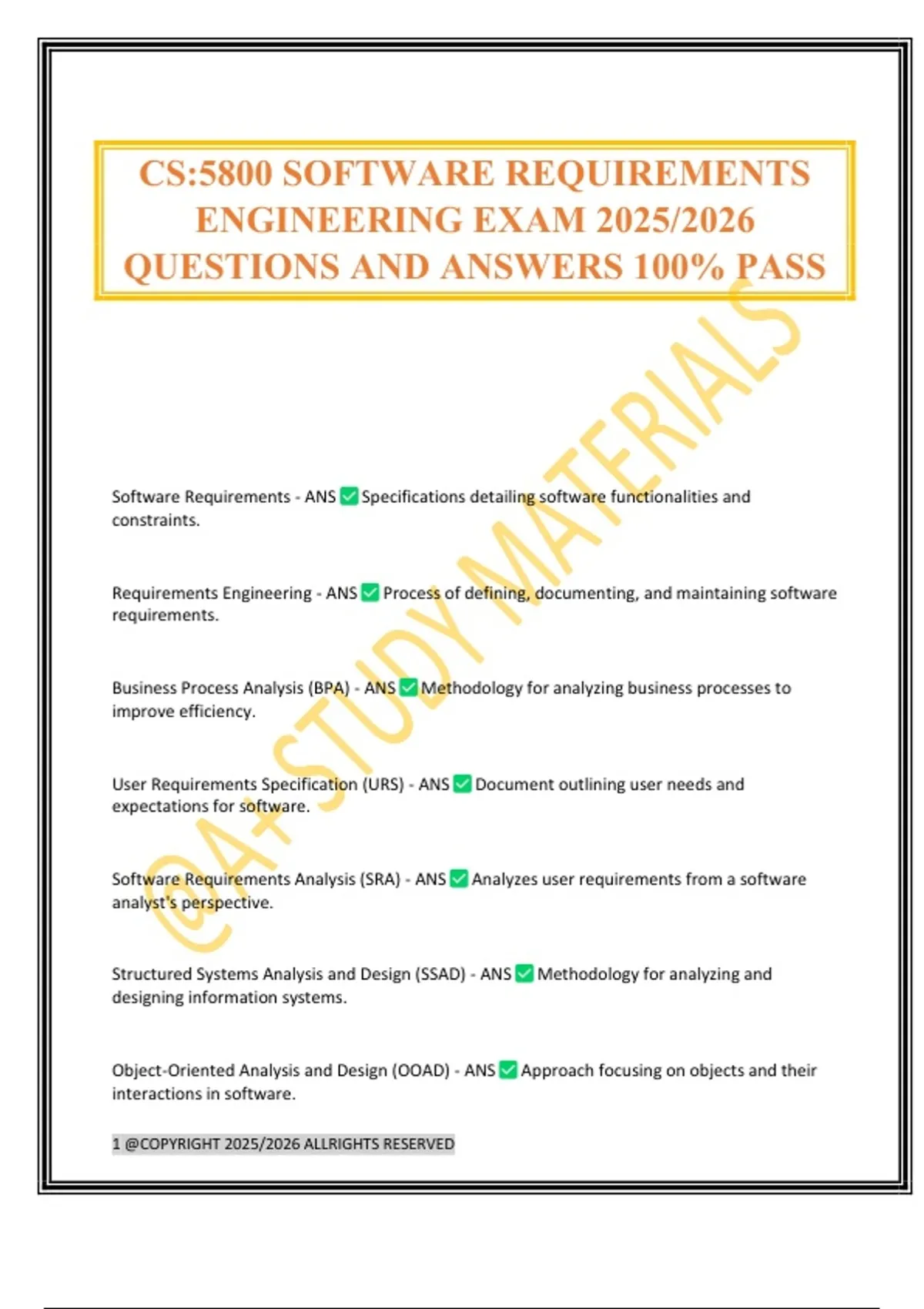 CS:5800 SOFTWARE REQUIREMENTS ENGINEERING EXAM 2025/2026 QUESTIONS AND ...