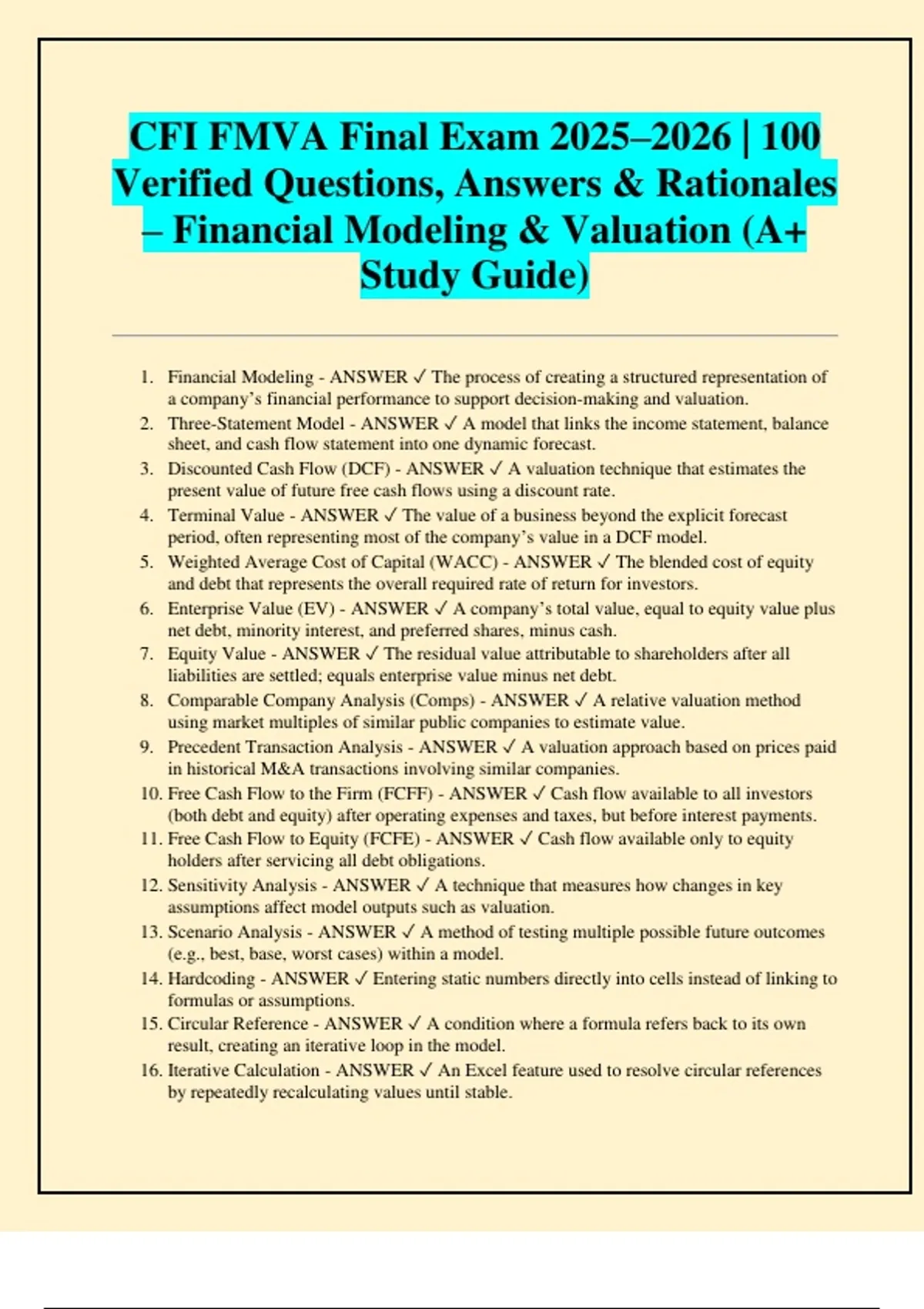 CFI FMVA Final Exam 2025–2026 | 100 Verified Questions, Answers ...