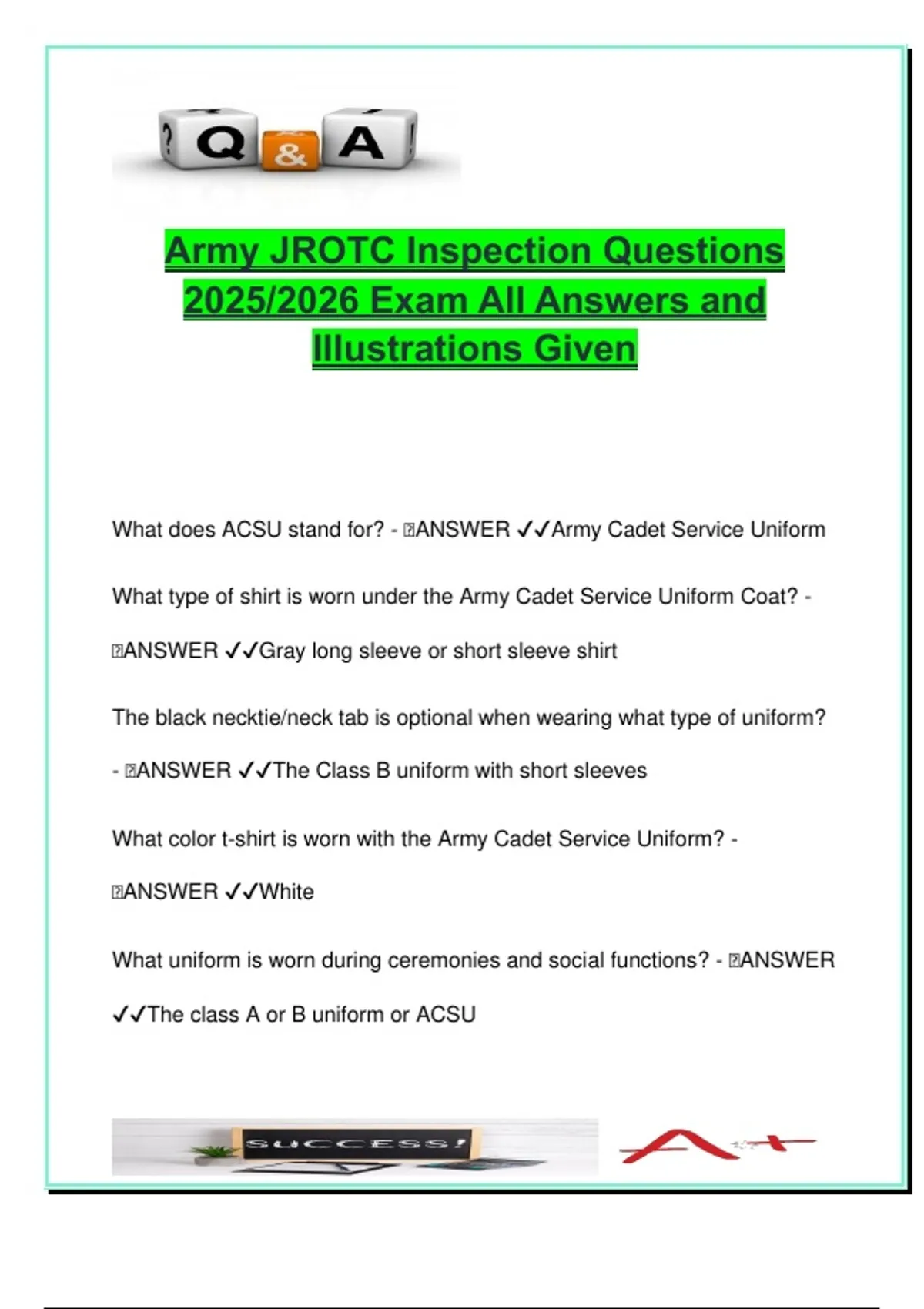 Army JROTC Inspection Exam 2025/2026 | 60+ Answered Questions | Uniform ...