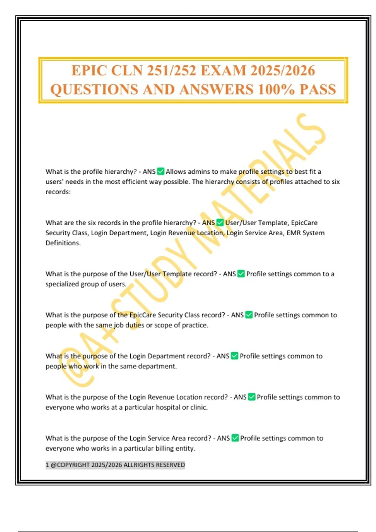 EPIC CLN 251/252 EXAM 2025/2026 QUESTIONS AND ANSWERS 100% PASS - EPIC CLN 251/252 - Stuvia US