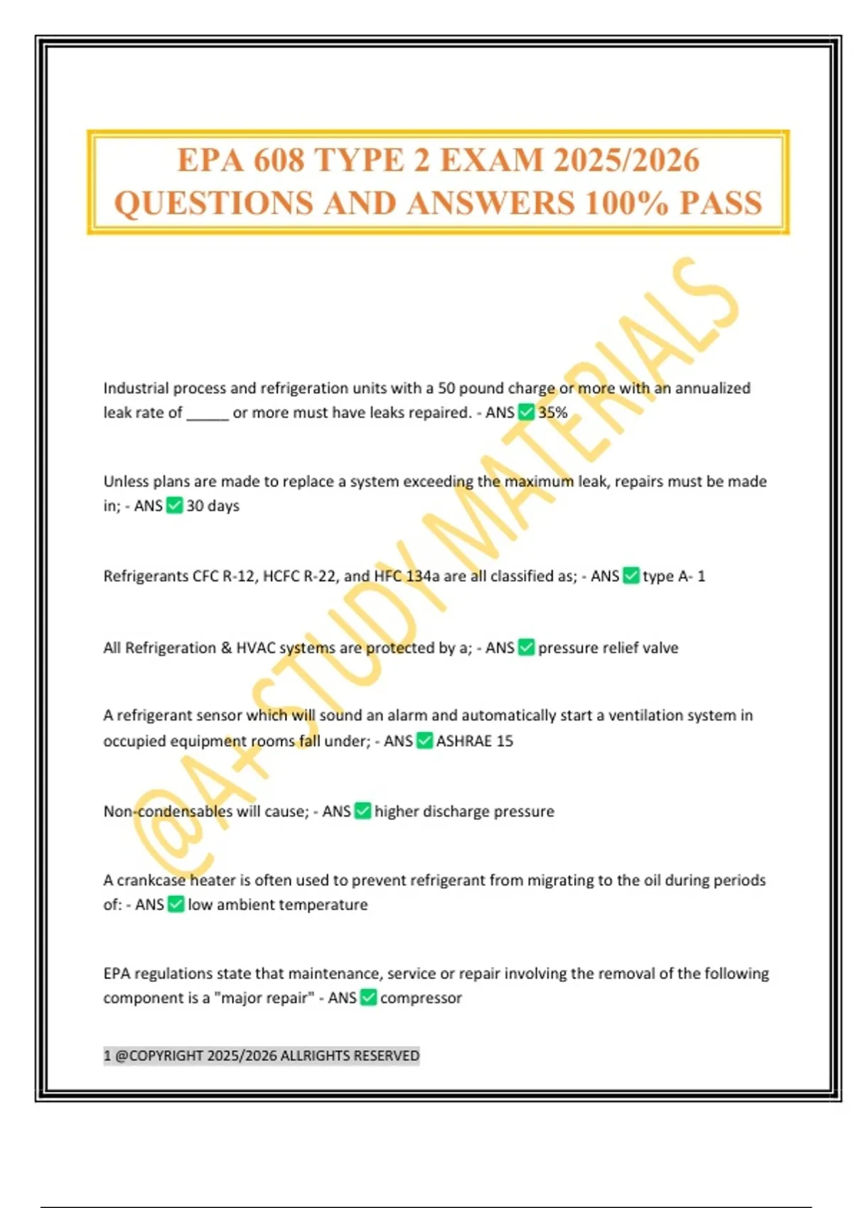 EPA 608 TYPE 2 EXAM 2025/2026 QUESTIONS AND ANSWERS 100% PASS - EPA 608 ...