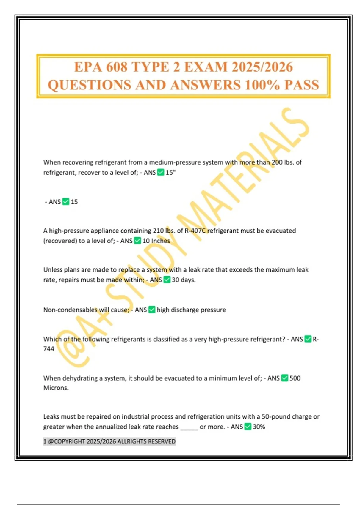 EPA 608 TYPE 2 EXAM 2025/2026 QUESTIONS AND ANSWERS 100% PASS - EPA 608 ...