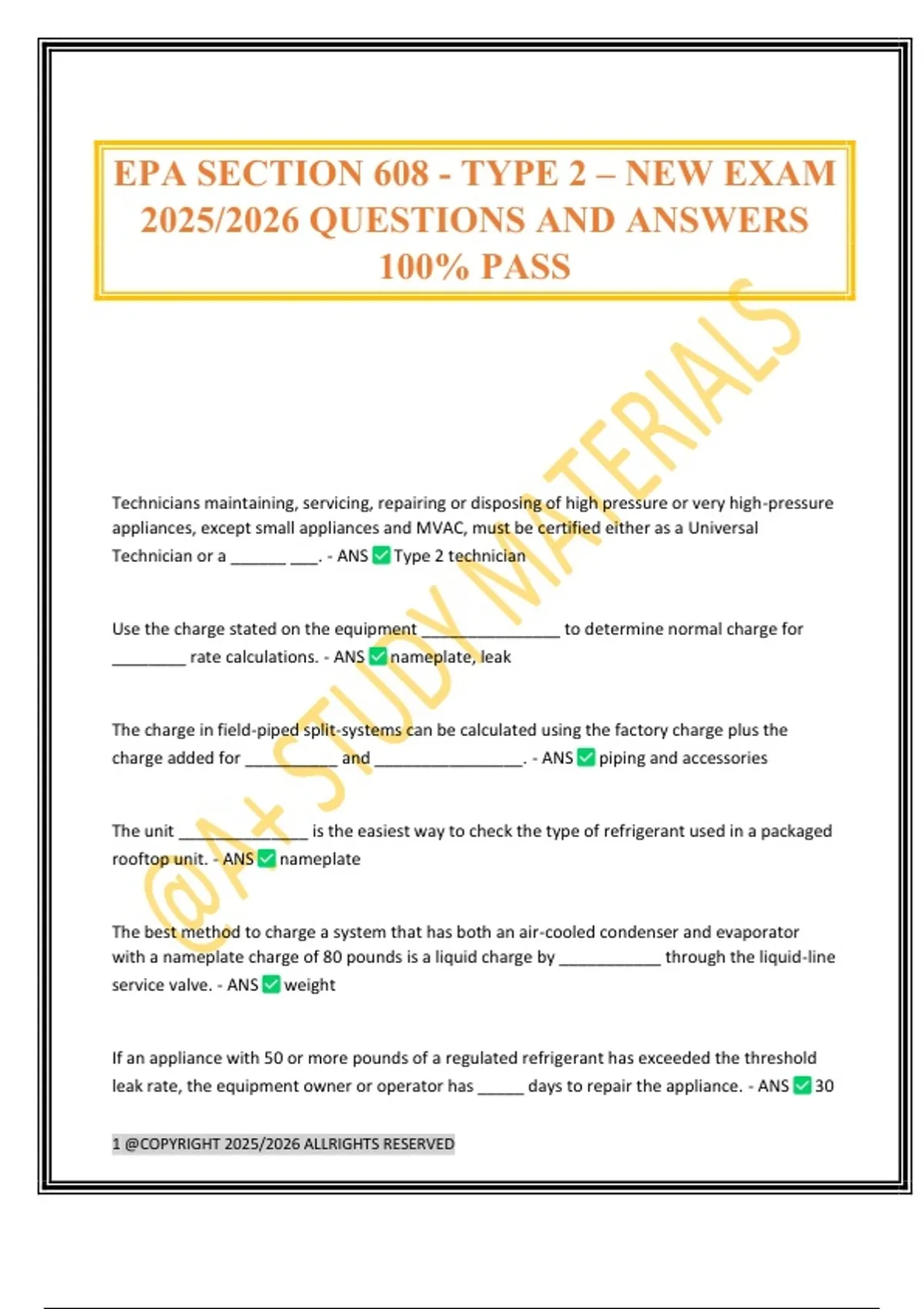 EPA SECTION 608 - TYPE 2 – NEW EXAM 2025/2026 QUESTIONS AND ANSWERS 100 ...