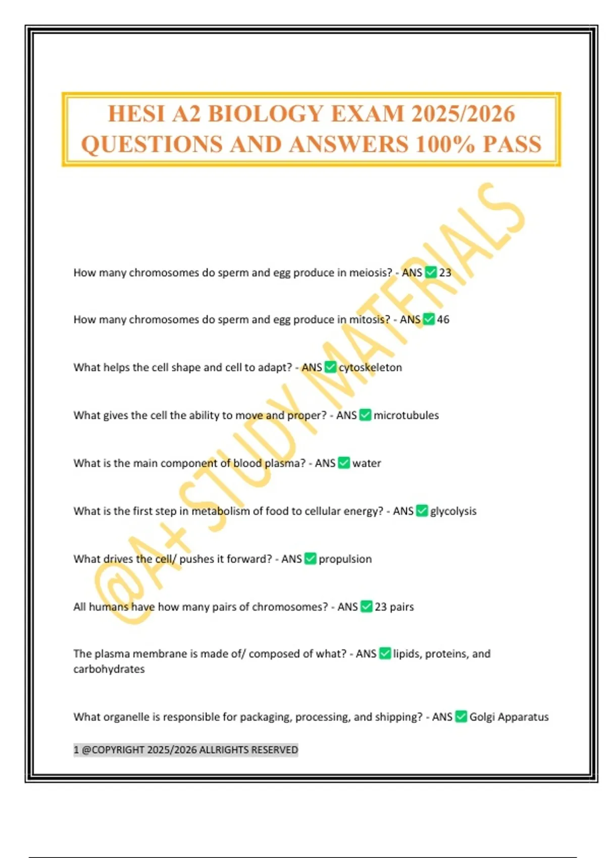 HESI A2 BIOLOGY EXAM 2025/2026 QUESTIONS AND ANSWERS 100% PASS ...
