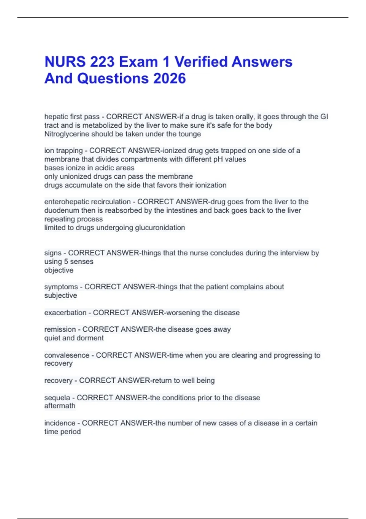 NURS 223 Exam 1 Verified Answers And Questions 2026 - NURS 223 - Stuvia US