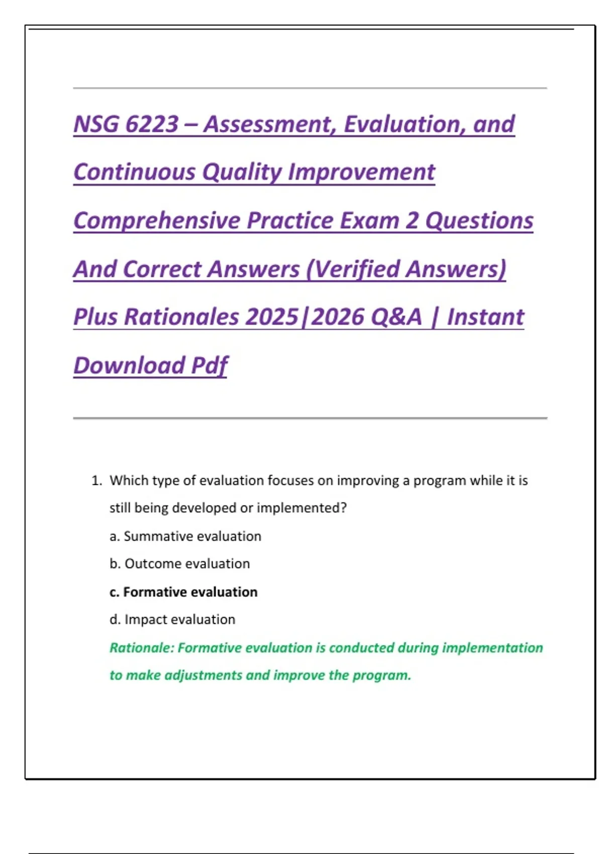 NSG 6223 – Assessment, Evaluation, and Continuous Quality Improvement ...