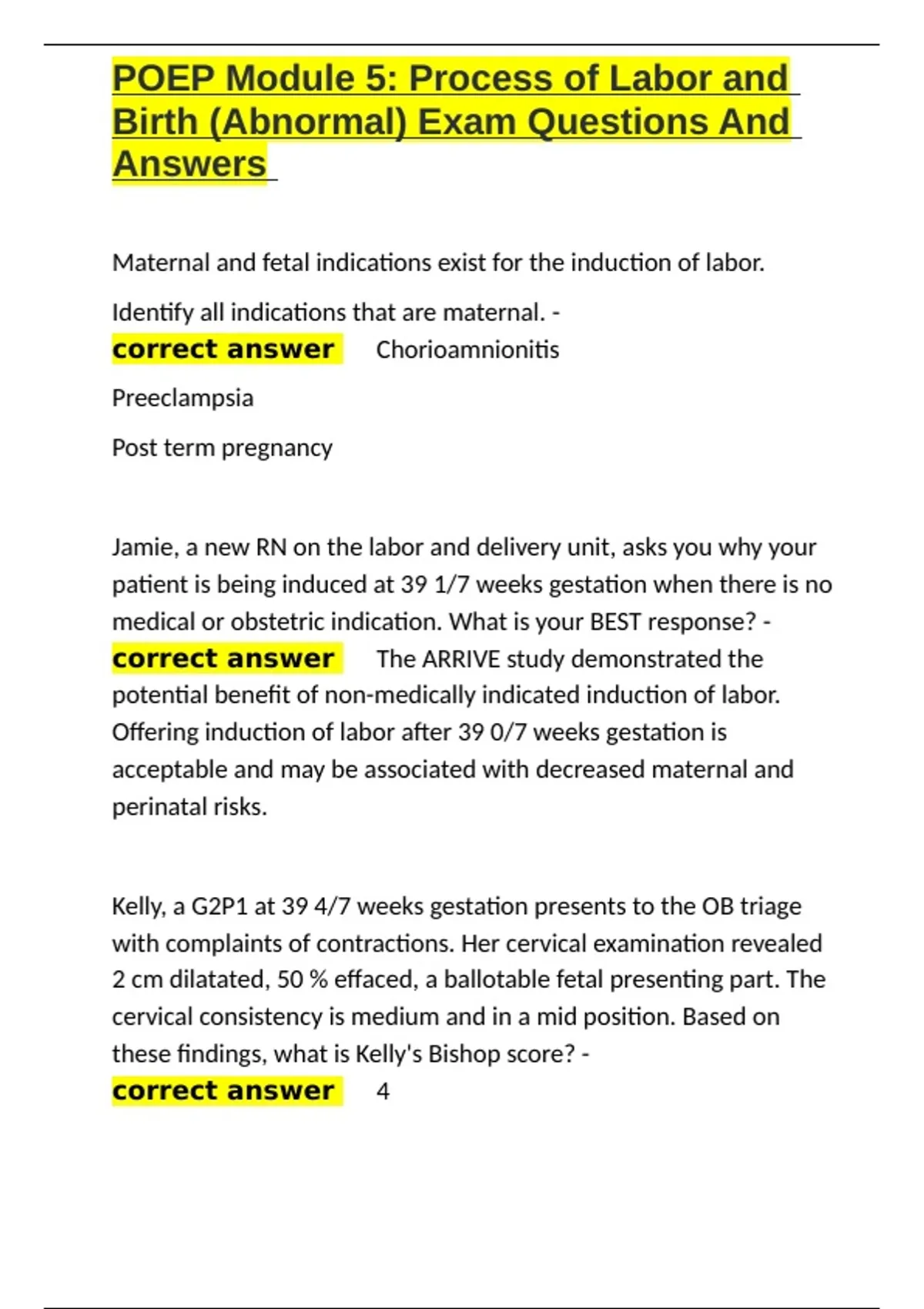 POEP Module 5 Process of Labor and Birth (Abnormal) Exam Questions And ...