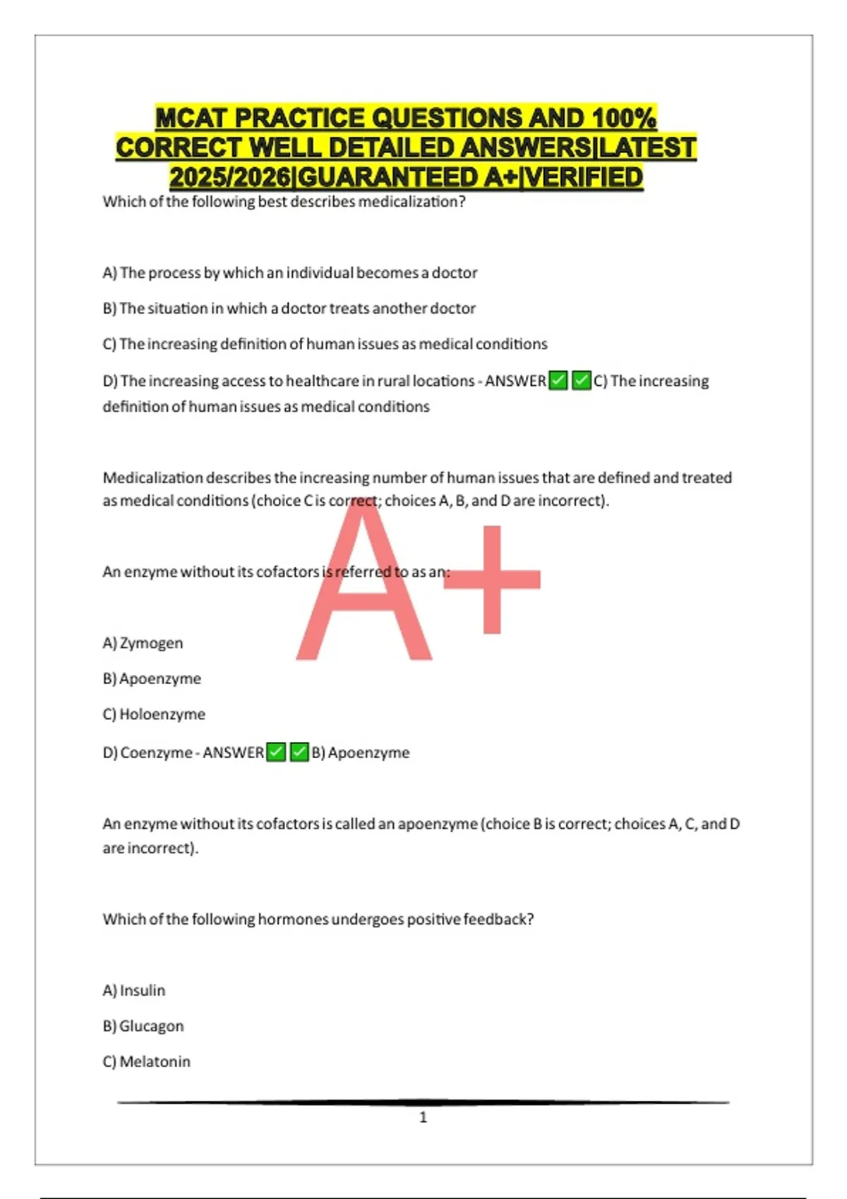 MCAT PRACTICE QUESTIONS AND 100% CORRECT WELL DETAILED ANSWERS|LATEST ...