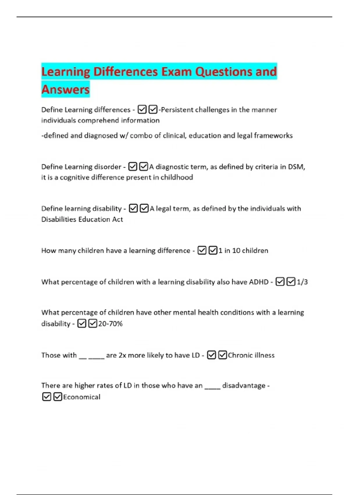Learning Differences Exam Questions and Answers - LEARNING DIFFERENCES ...