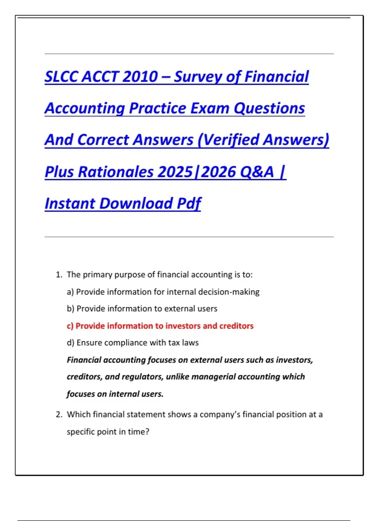 SLCC ACCT 2010 – Survey of Financial Accounting Practice Exam Questions ...
