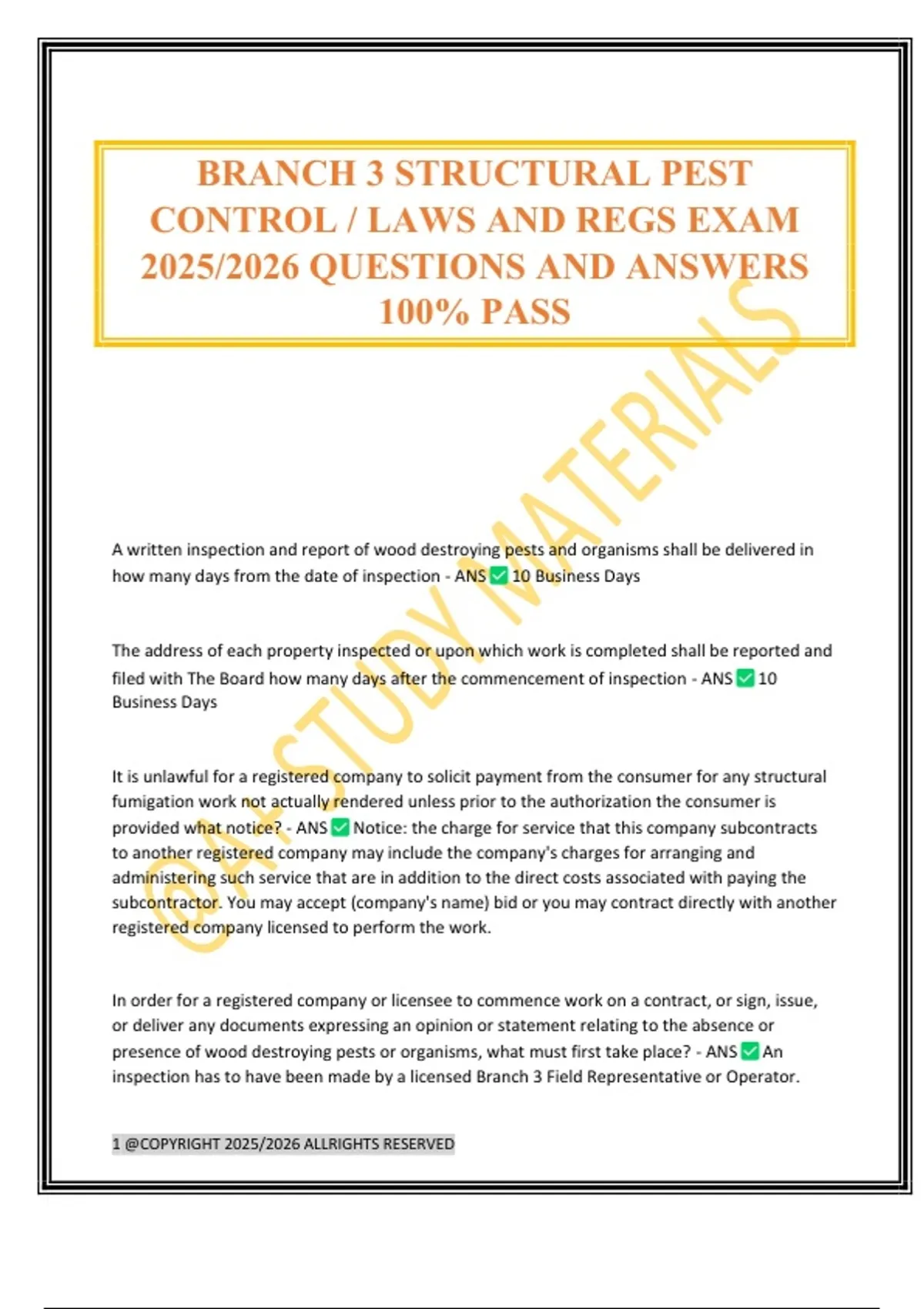 BRANCH 3 STRUCTURAL PEST CONTROL / LAWS AND REGS EXAM 2025/2026 ...