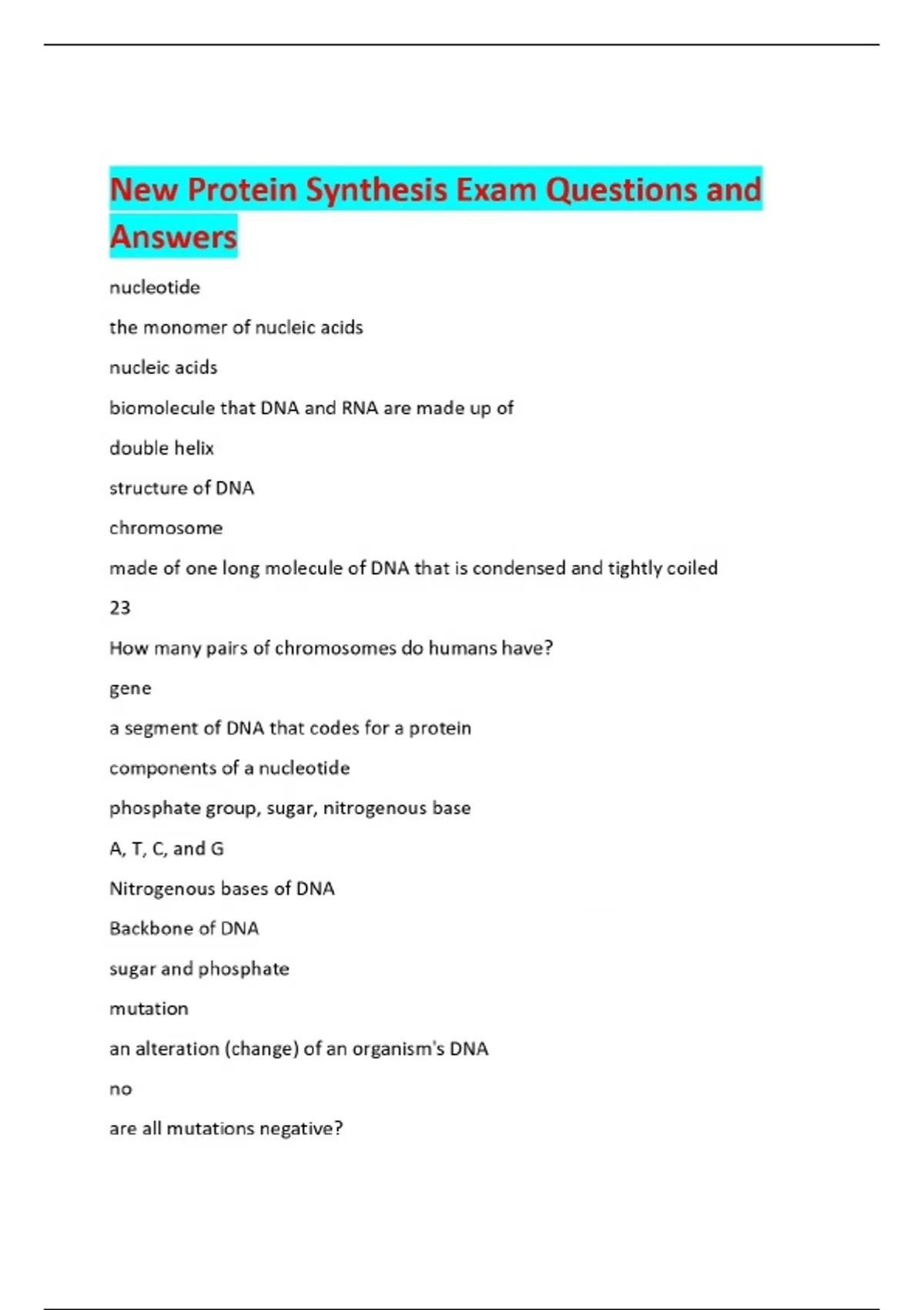 New Protein Synthesis Exam Questions and Answers - Neurosystem ...