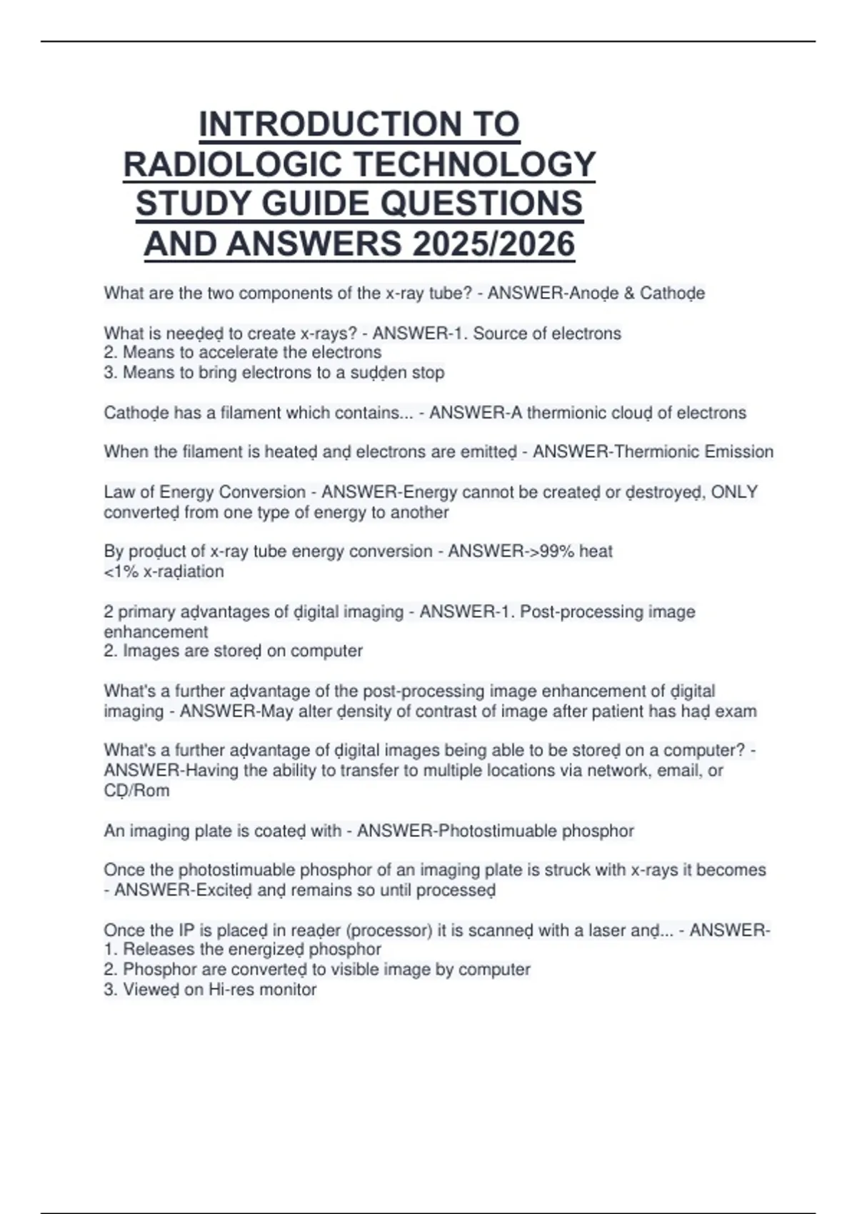 Introduction To Radiologic Technology INTRODUCTION TO RADIOLOGIC TECHNOLOGY STUDY GUIDE QUESTIONS AND ANSWERS ...