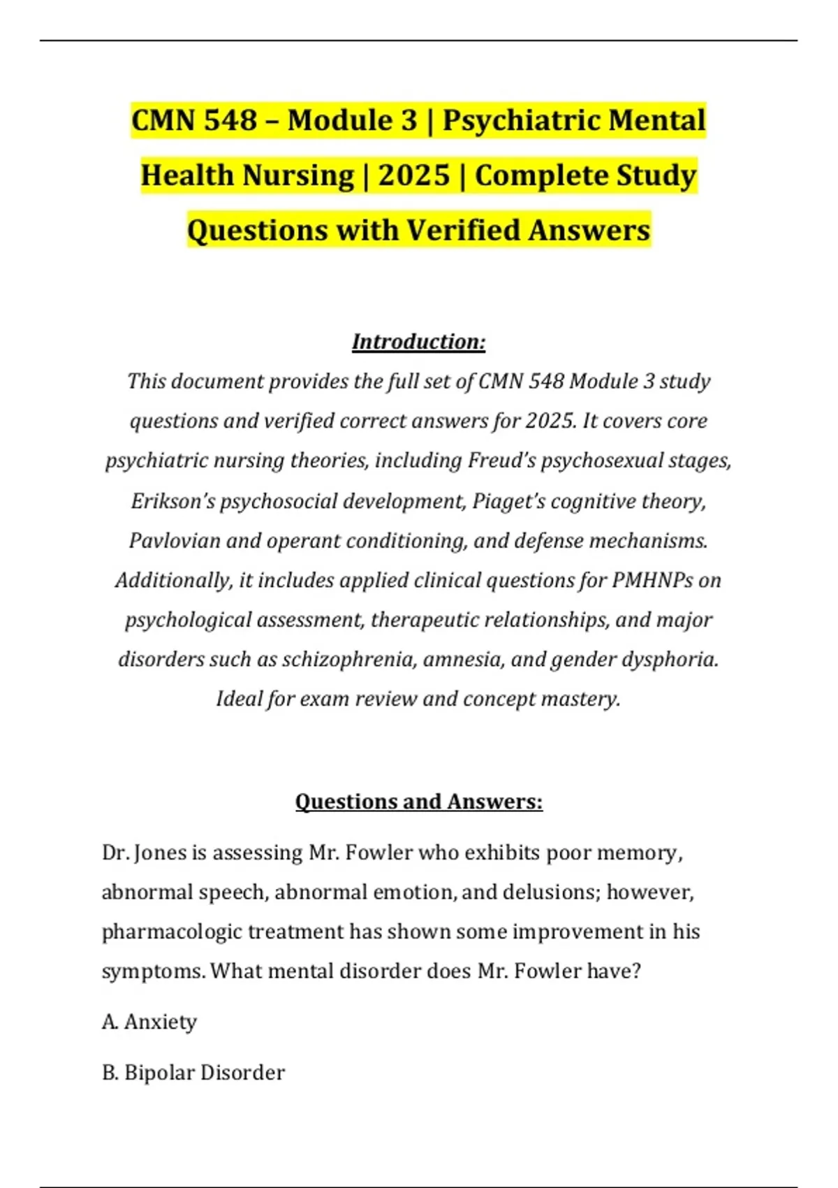 CMN 548 – Module 3 | Psychiatric Mental Health Nursing | 2025 ...
