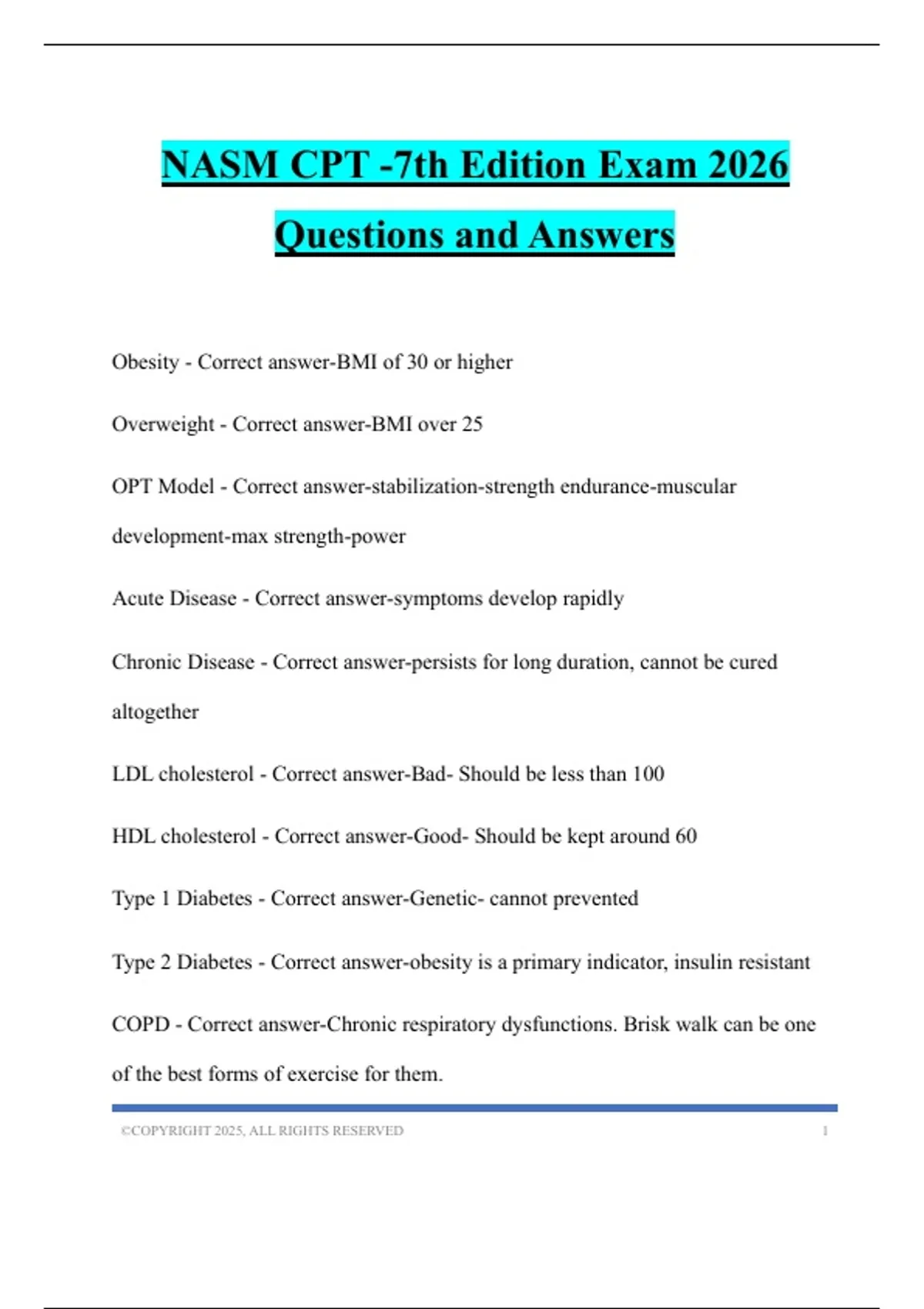 NASM CPT -7th Edition Exam 2026 Questions and Answers - NASM CPT ...