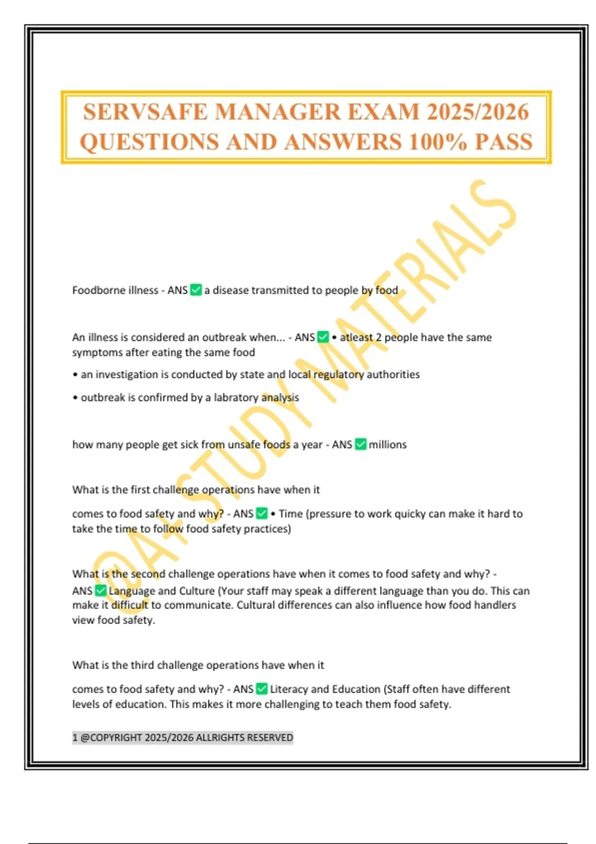 SERVSAFE MANAGER EXAM 2025/2026 QUESTIONS AND ANSWERS 100% PASS ...