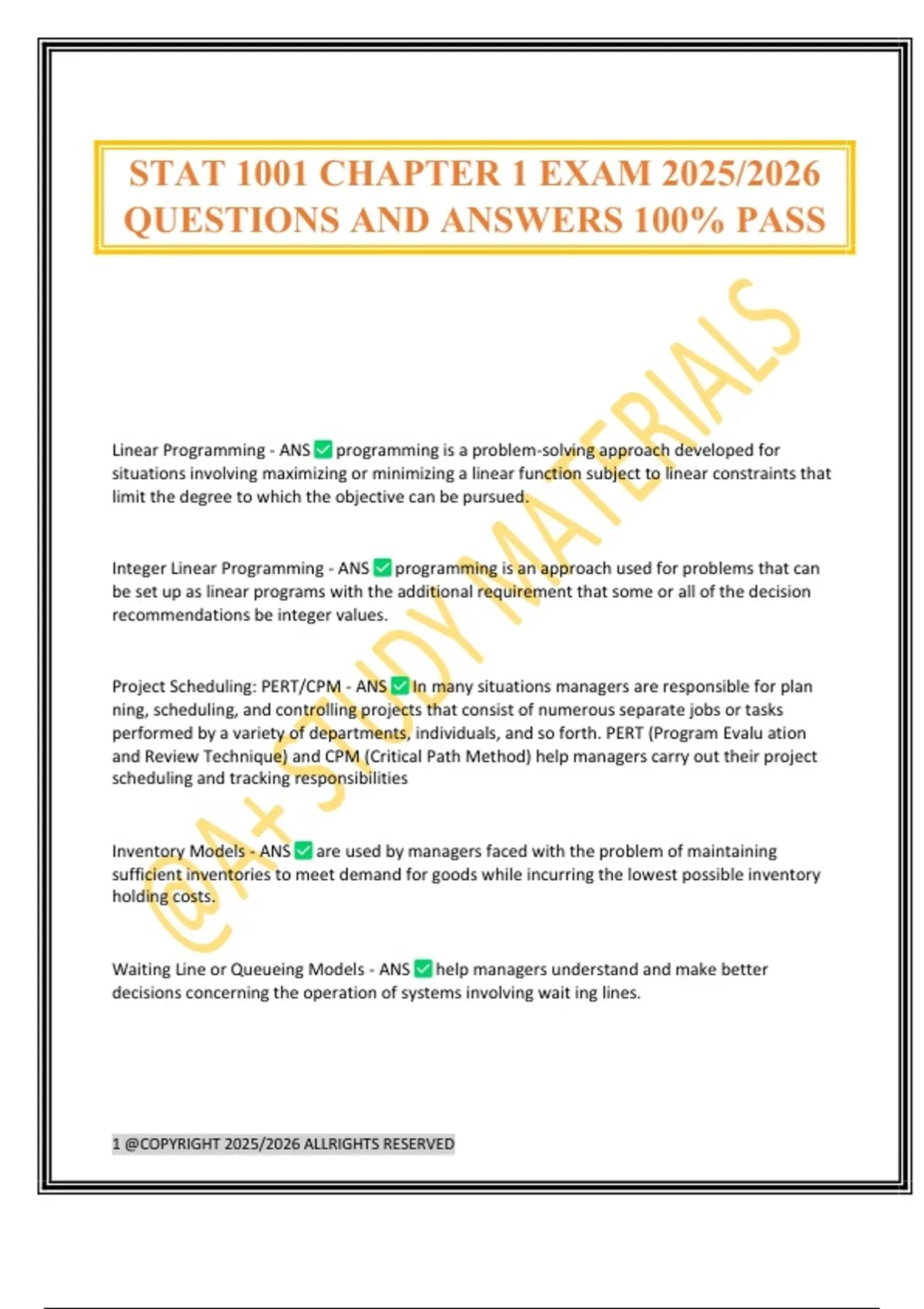 Stat Exman STAT 1001 CHAPTER 1 EXAM 2025/2026 QUESTIONS AND ANSWERS 100% PASS ...