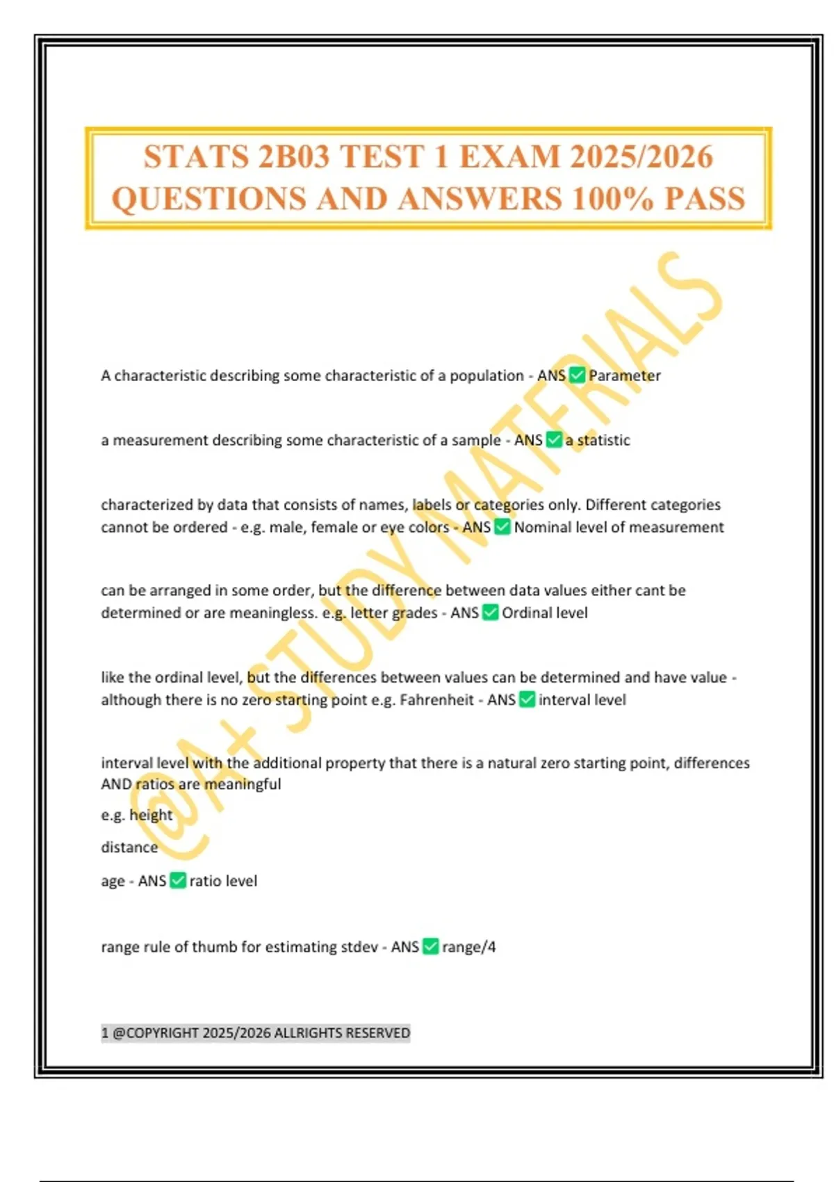 STATS 2B03 TEST 1 EXAM 2025/2026 QUESTIONS AND ANSWERS 100% PASS ...