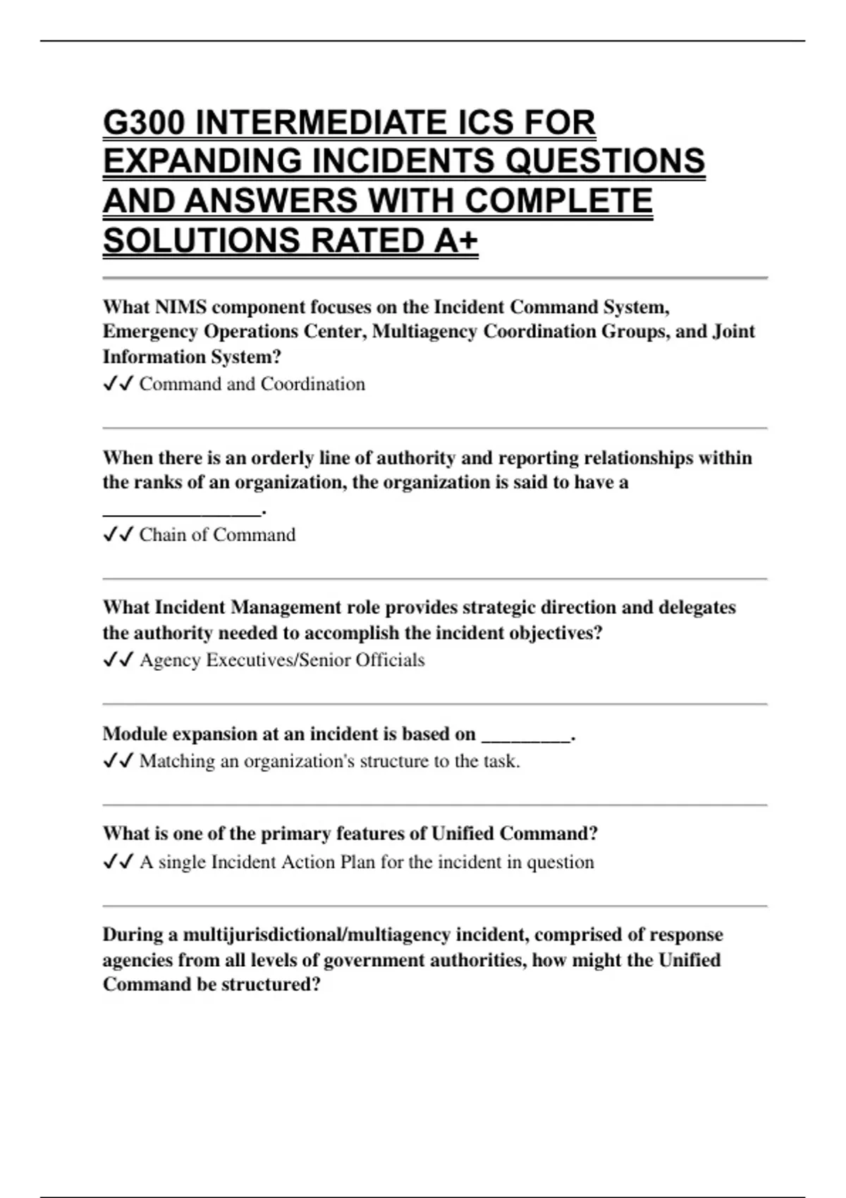 G300 INTERMEDIATE ICS FOR EXPANDING INCIDENTS QUESTIONS AND ANSWERS ...