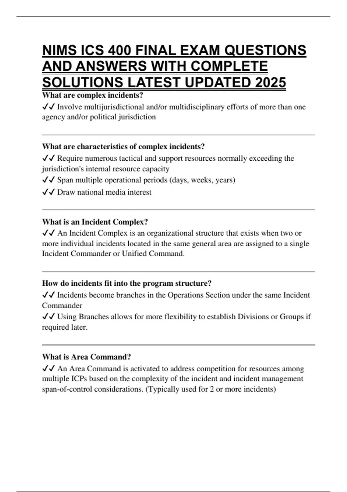 NIMS ICS 400 FINAL EXAM QUESTIONS AND ANSWERS WITH COMPLETE SOLUTIONS LATEST UPDATED 2025 - NIMS ...
