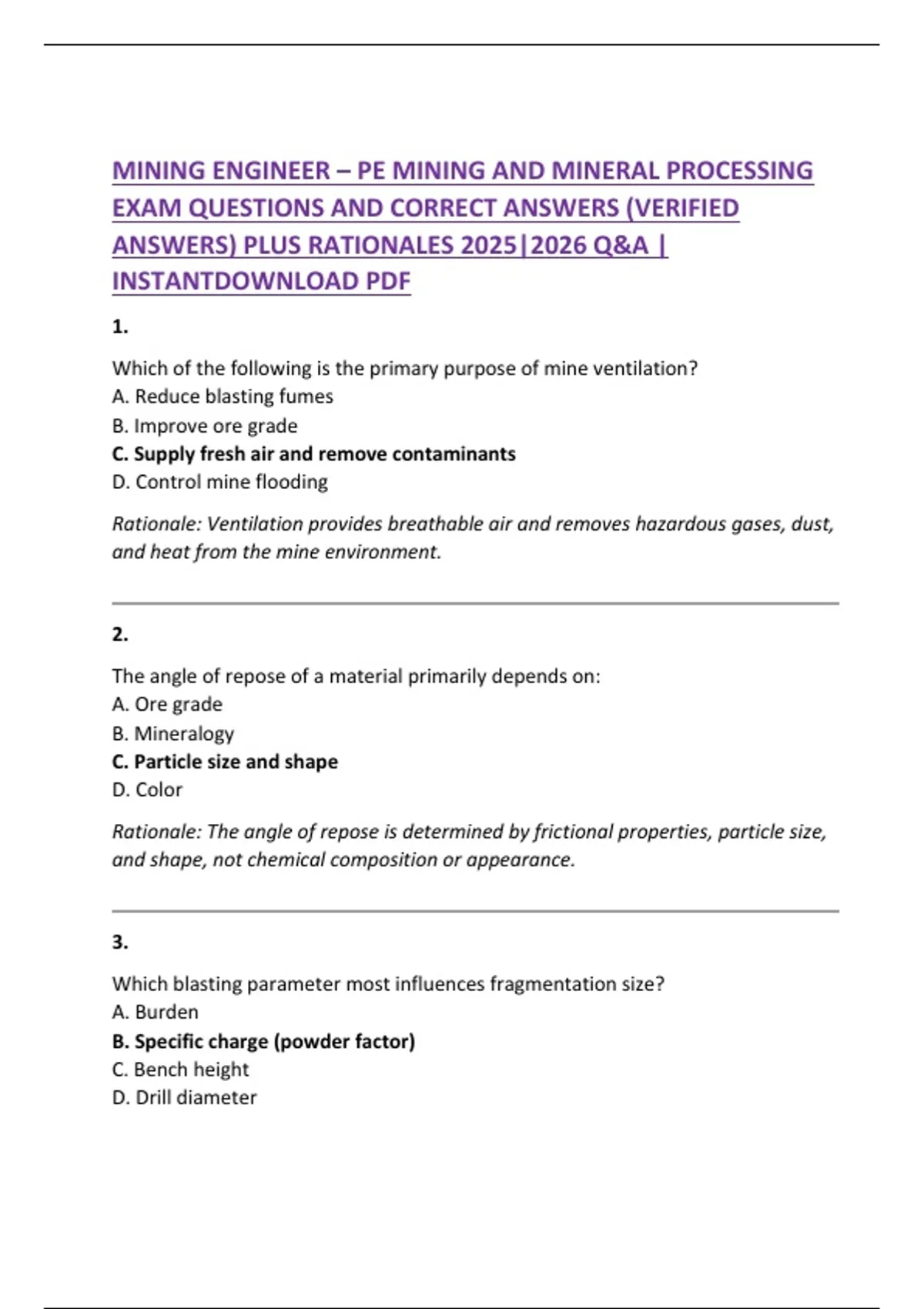 MINING ENGINEER – PE MINING AND MINERAL PROCESSING EXAM QUESTIONS AND ...