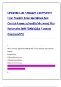 StraighterLine American Government  Final Practice Exam Questions And  Correct Answers &lpar;Verified Answers&rpar; Plus  Rationales 2025&vert;2026 Q&A &vert; Instant  Download Pdf