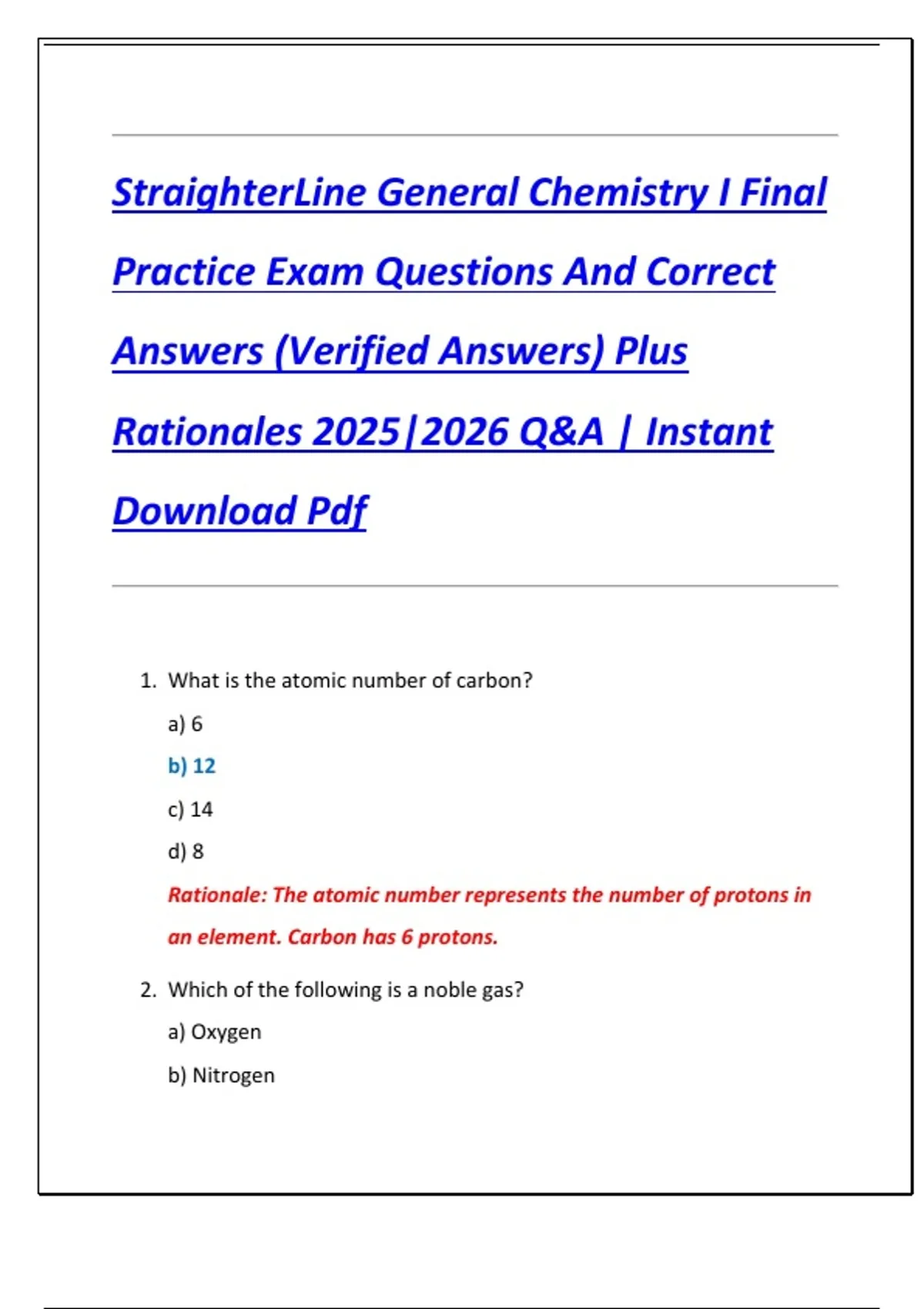 StraighterLine General Chemistry I Final Practice Exam Questions And Correct Answers (Verified ...