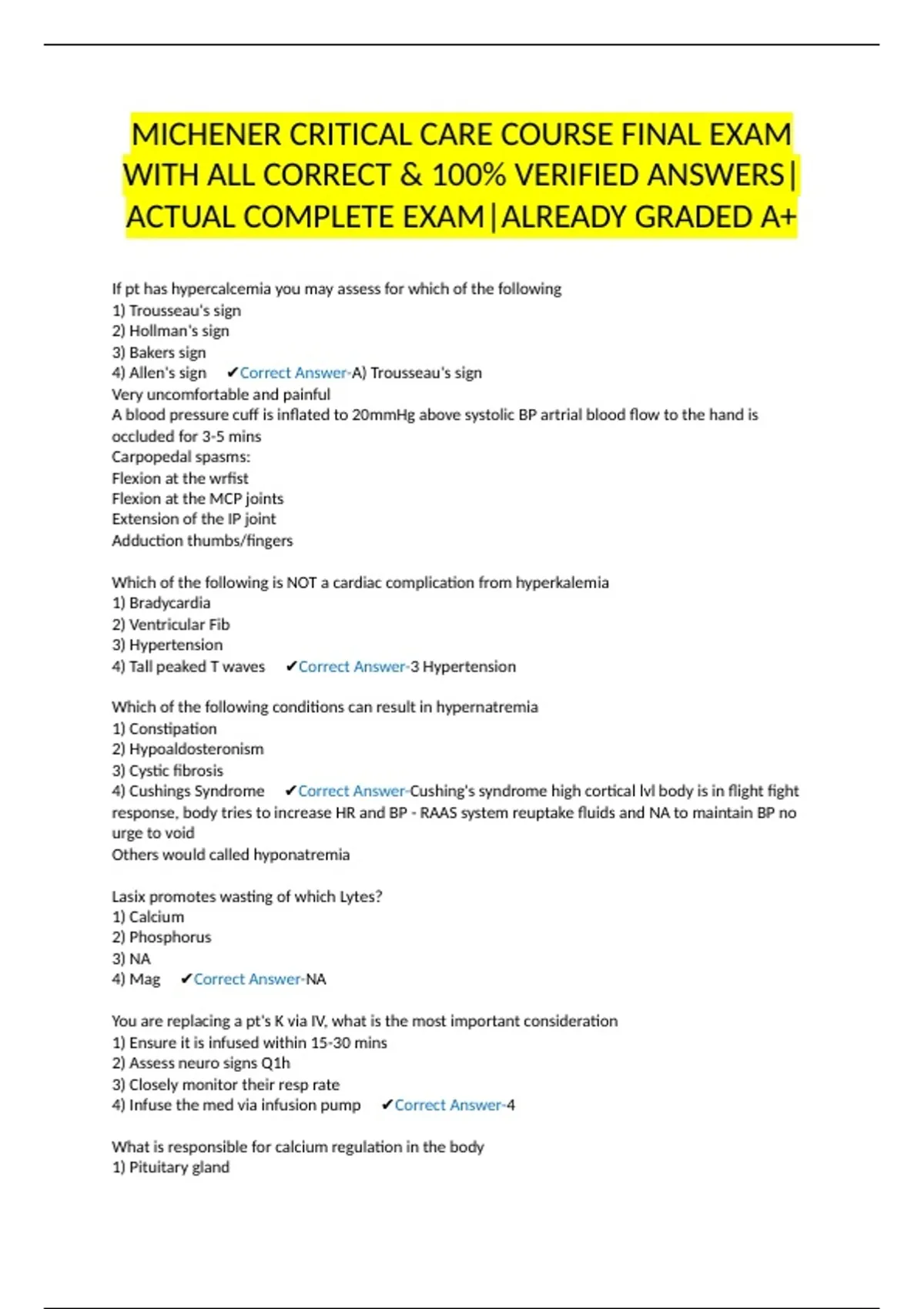 MICHENER CRITICAL CARE COURSE FINAL EXAM WITH ALL CORRECT & 100% ...